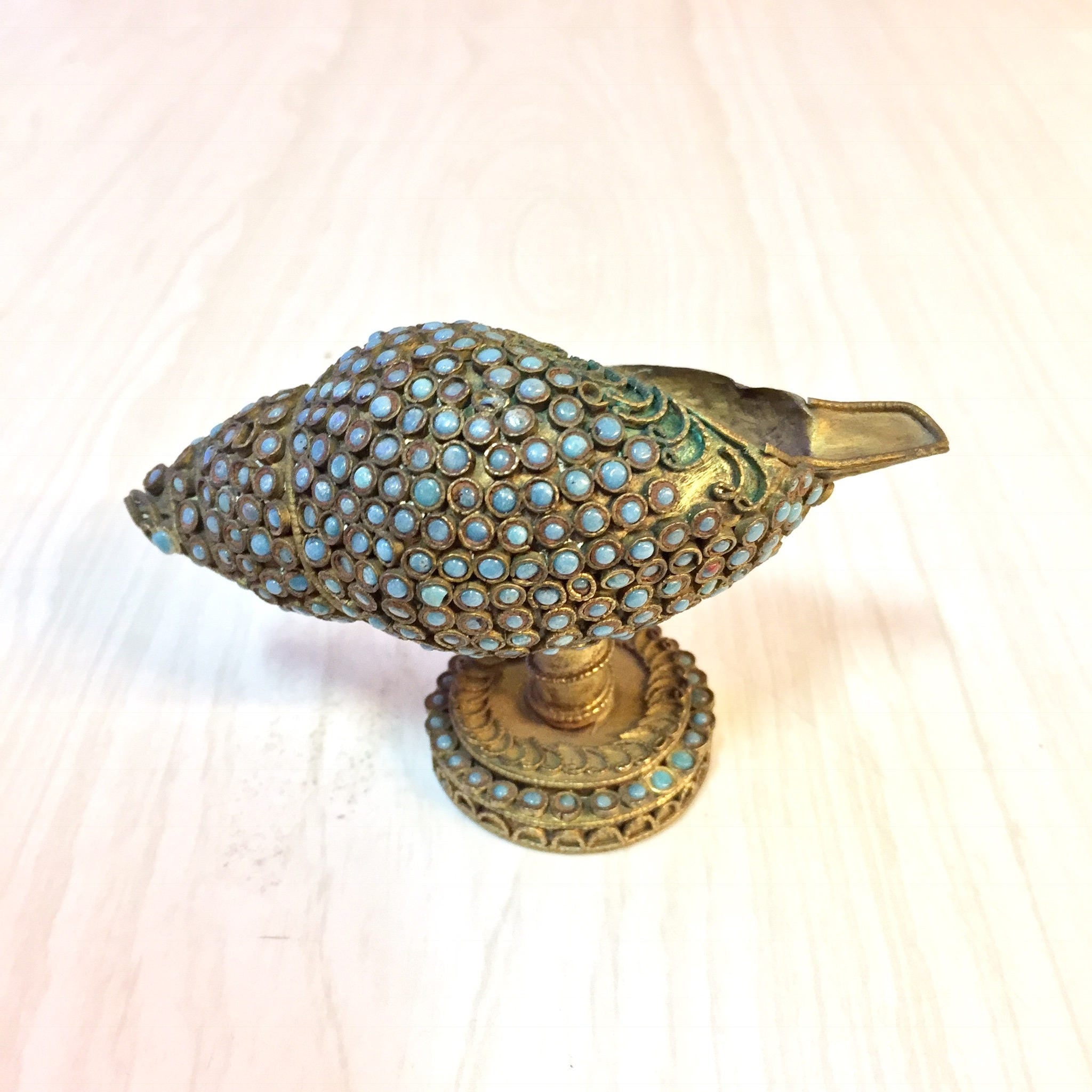 Brass Shell Ashtray | Vintage Ashtray | Brass | Vintage Home Decor | Turquoise Beads | Pedestal | Small Ashtray | Catch All Dish | Bohemian