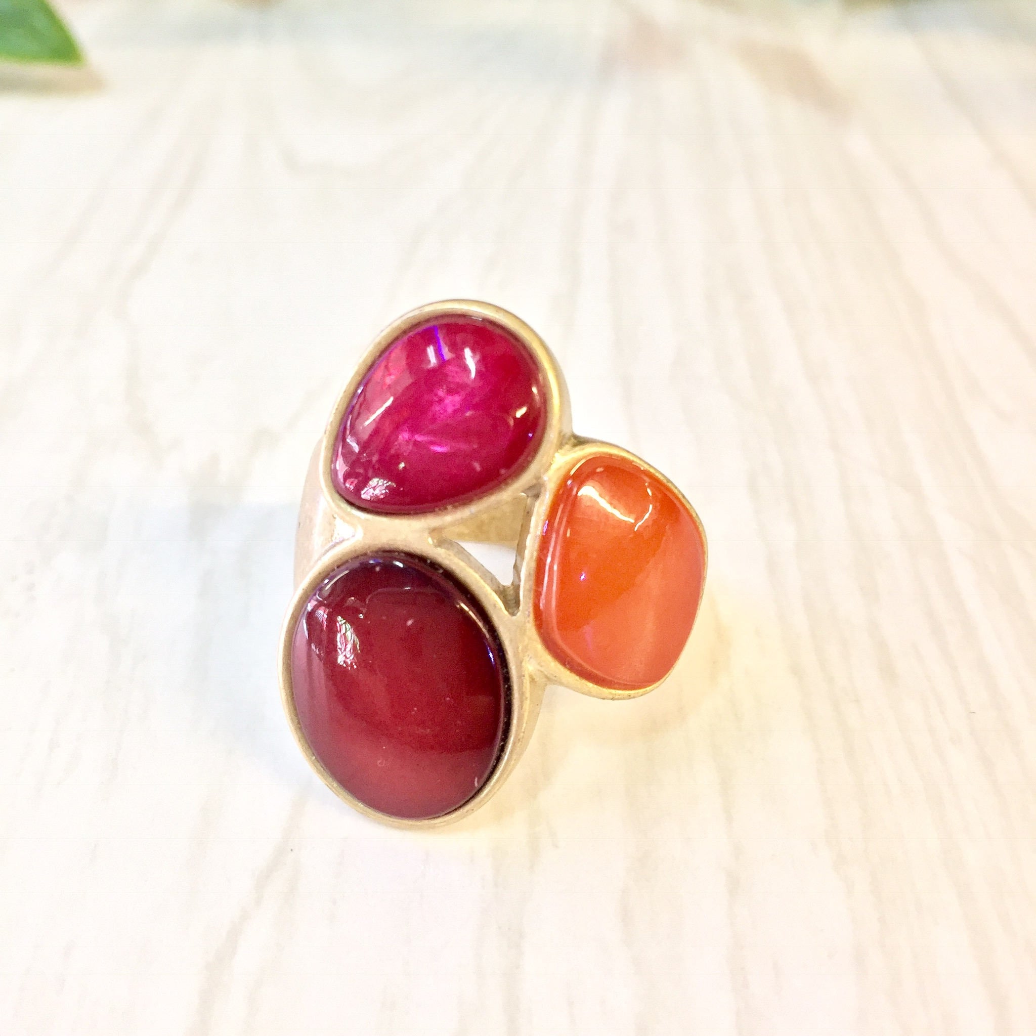 Vintage Cocktail Ring | Gold Tone Ring | Costume Jewelry | Vintage Jewelry | Red | Pink | Orange | Gold | Valentines Day | Statement Ring
