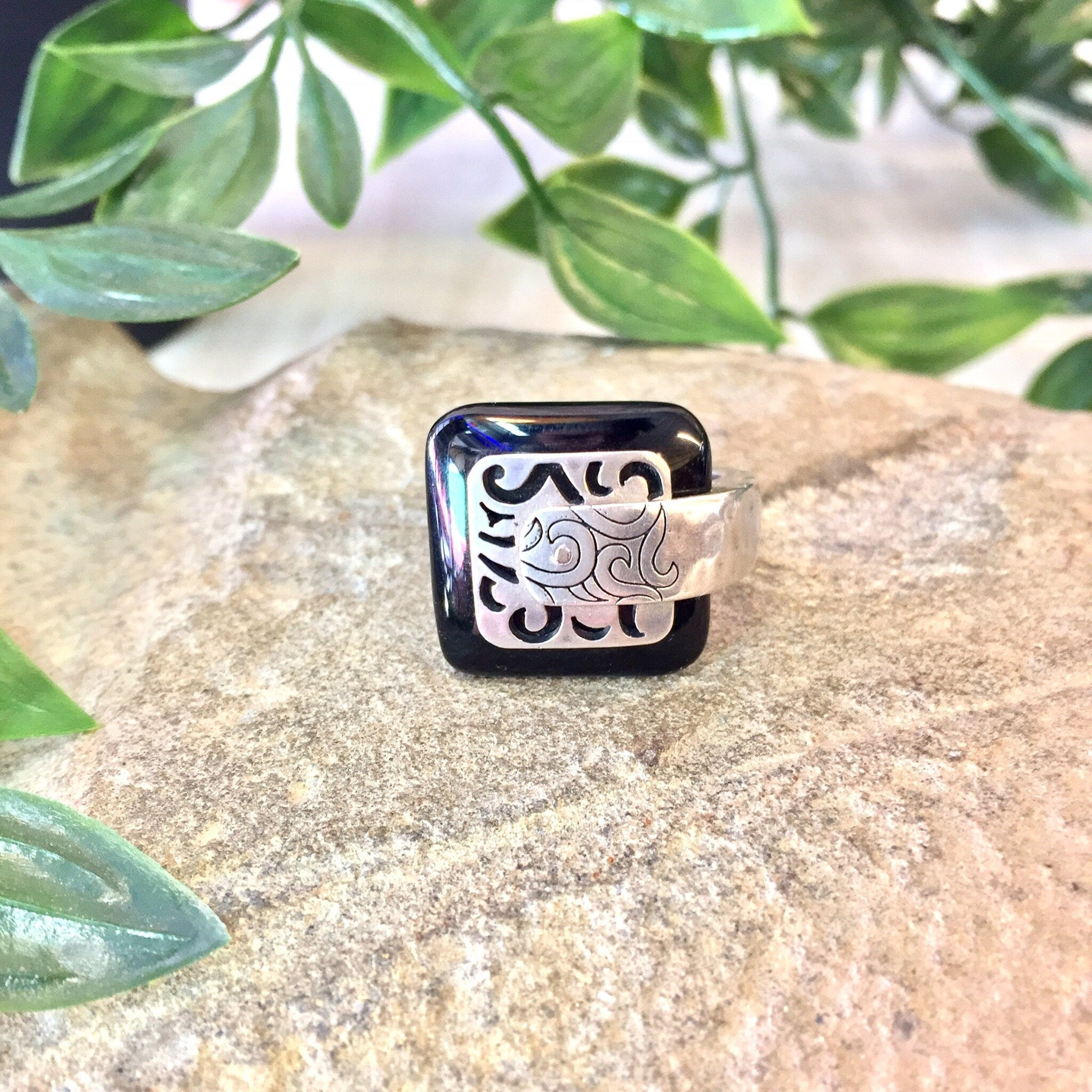 Vintage Silver Ring, Black Ring, Sterling Silver, Vintage Jewelry, Thai Jewelry, Asian Jewelry, Silver and Black, Statement Ring,Square Ring