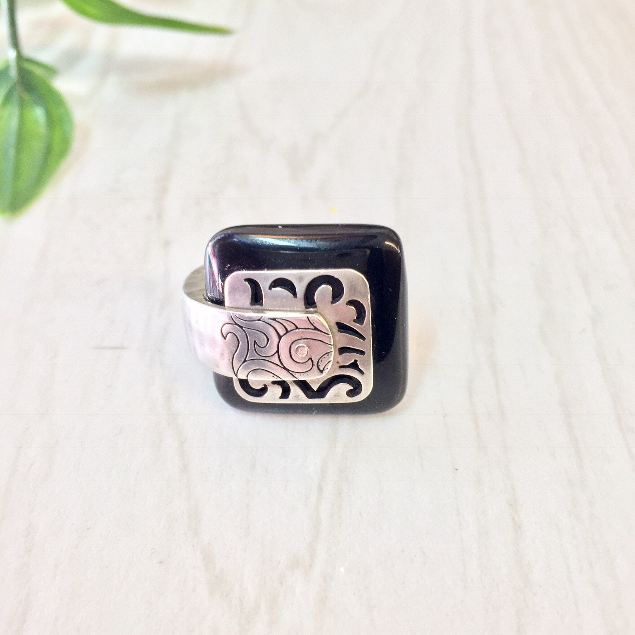 Vintage Silver Ring, Black Ring, Sterling Silver, Vintage Jewelry, Thai Jewelry, Asian Jewelry, Silver and Black, Statement Ring,Square Ring