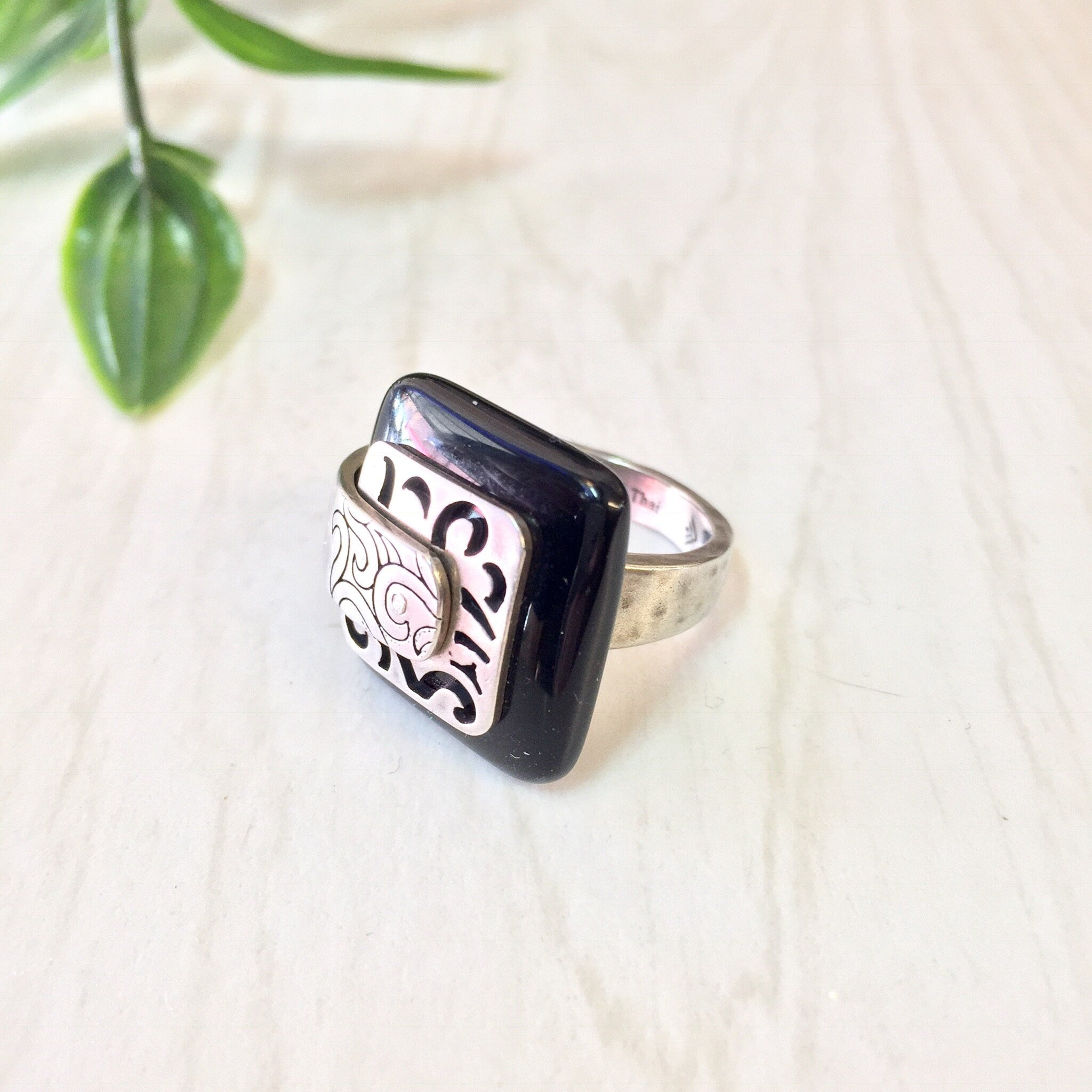 Vintage Silver Ring, Black Ring, Sterling Silver, Vintage Jewelry, Thai Jewelry, Asian Jewelry, Silver and Black, Statement Ring,Square Ring
