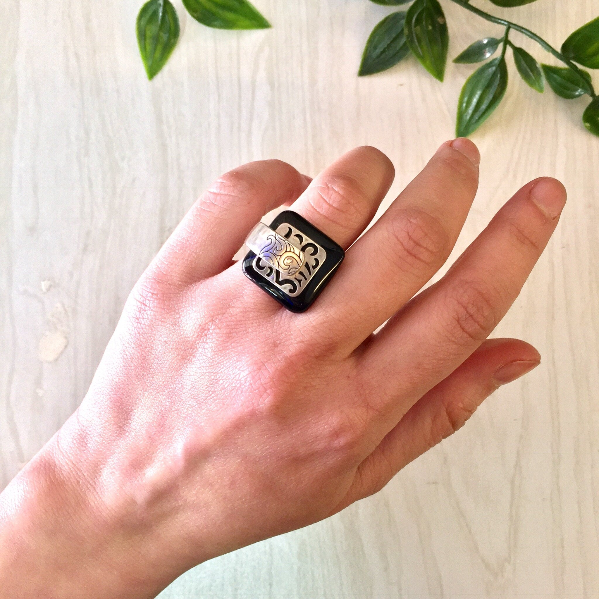 Vintage Silver Ring, Black Ring, Sterling Silver, Vintage Jewelry, Thai Jewelry, Asian Jewelry, Silver and Black, Statement Ring,Square Ring