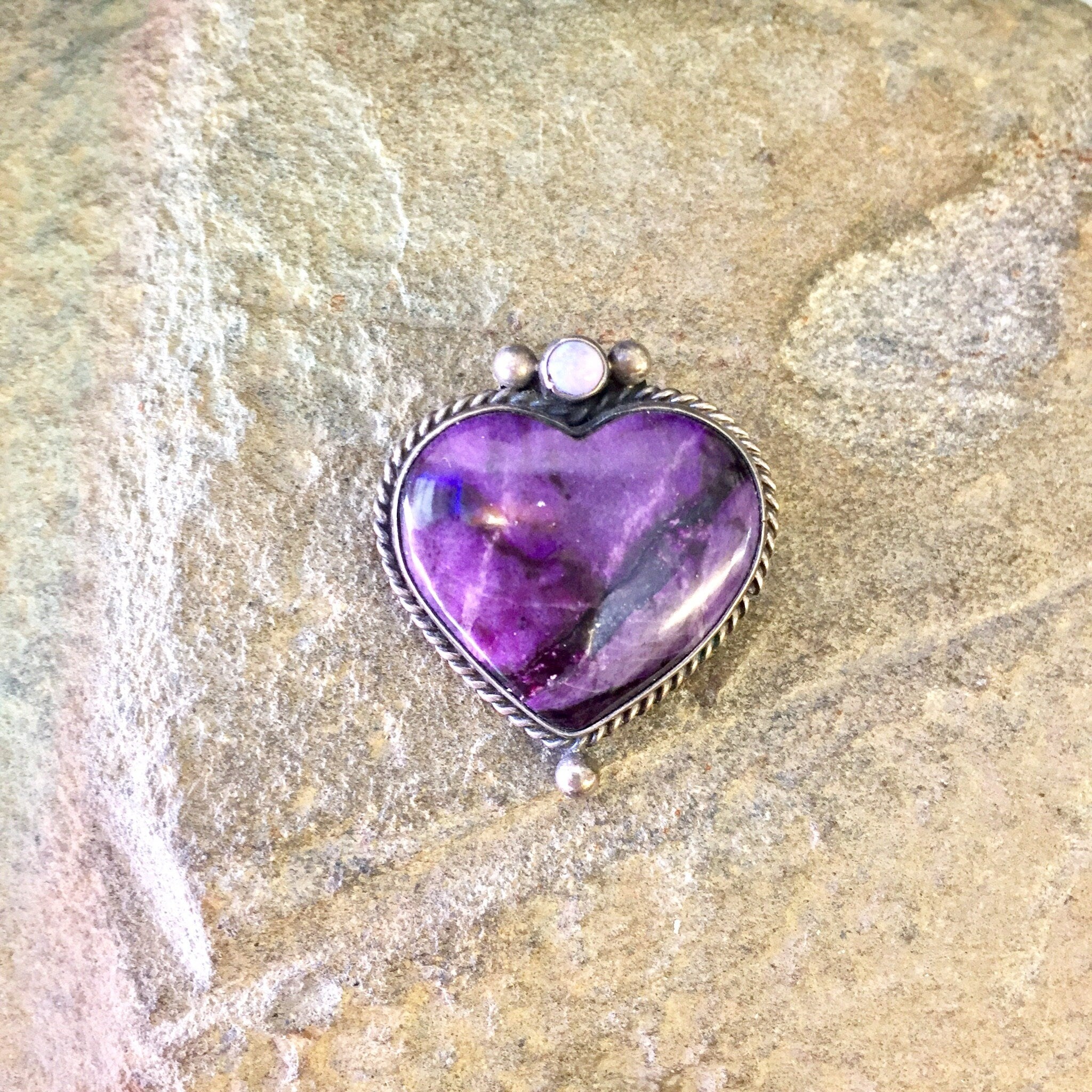 Vintage Silver Brooch, Heart Brooch, Charoite Jewelry, Purple Jewelry, Vintage Brooch, Vintage Pin, Vintage Jewelry, Opal Jewelry, Heart