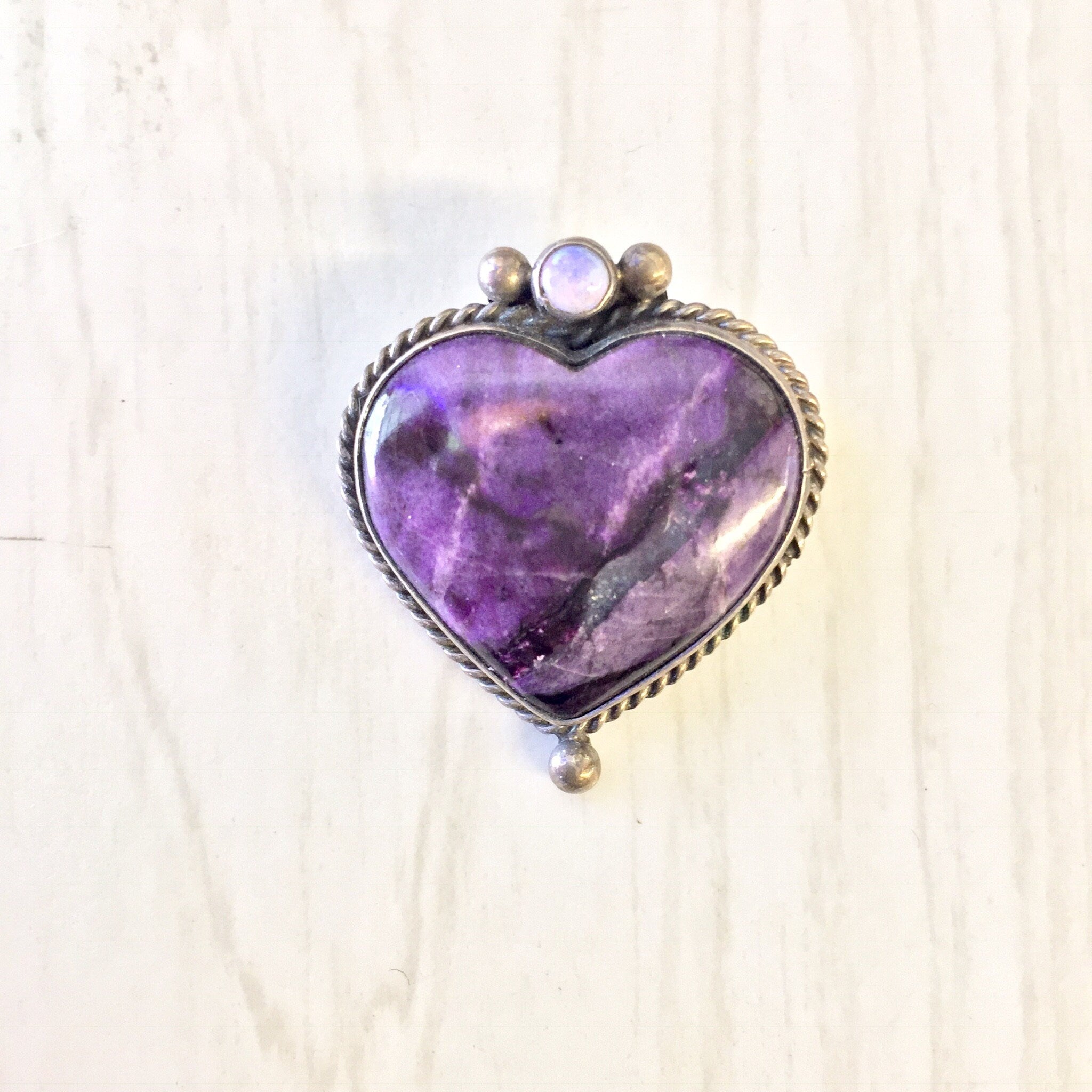 Vintage Silver Brooch, Heart Brooch, Charoite Jewelry, Purple Jewelry, Vintage Brooch, Vintage Pin, Vintage Jewelry, Opal Jewelry, Heart