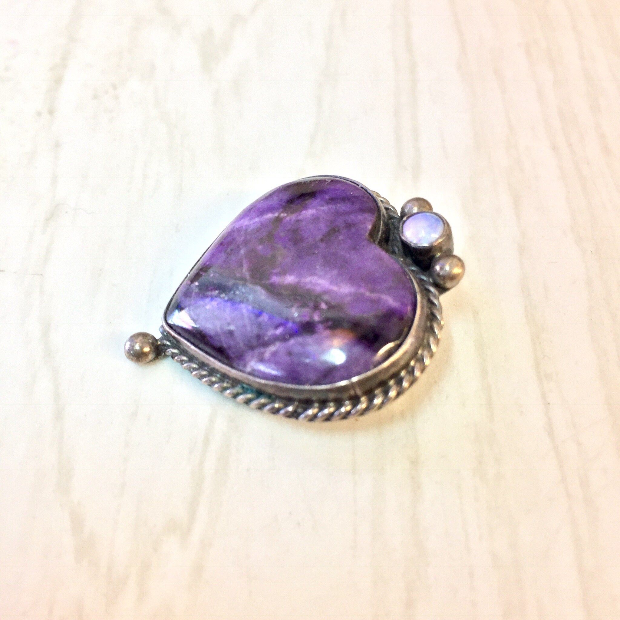 Vintage Silver Brooch, Heart Brooch, Charoite Jewelry, Purple Jewelry, Vintage Brooch, Vintage Pin, Vintage Jewelry, Opal Jewelry, Heart