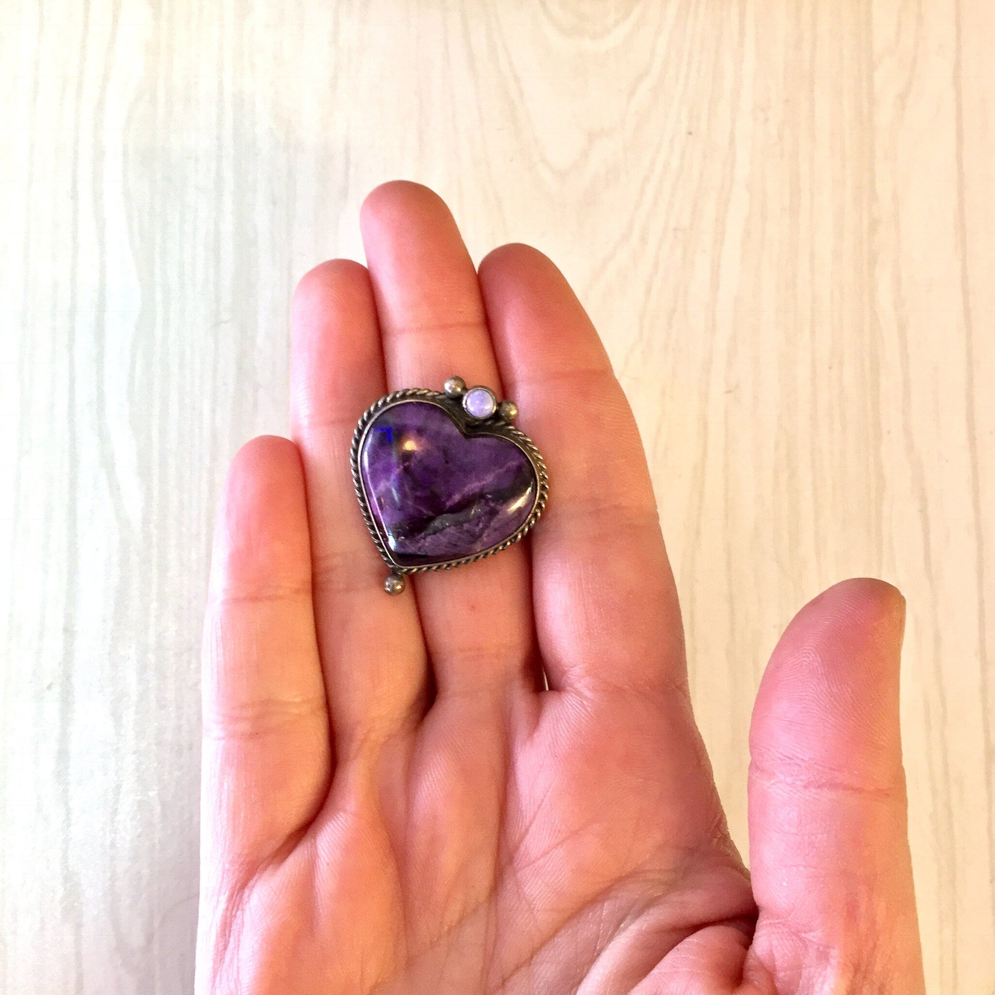 Vintage Silver Brooch, Heart Brooch, Charoite Jewelry, Purple Jewelry, Vintage Brooch, Vintage Pin, Vintage Jewelry, Opal Jewelry, Heart