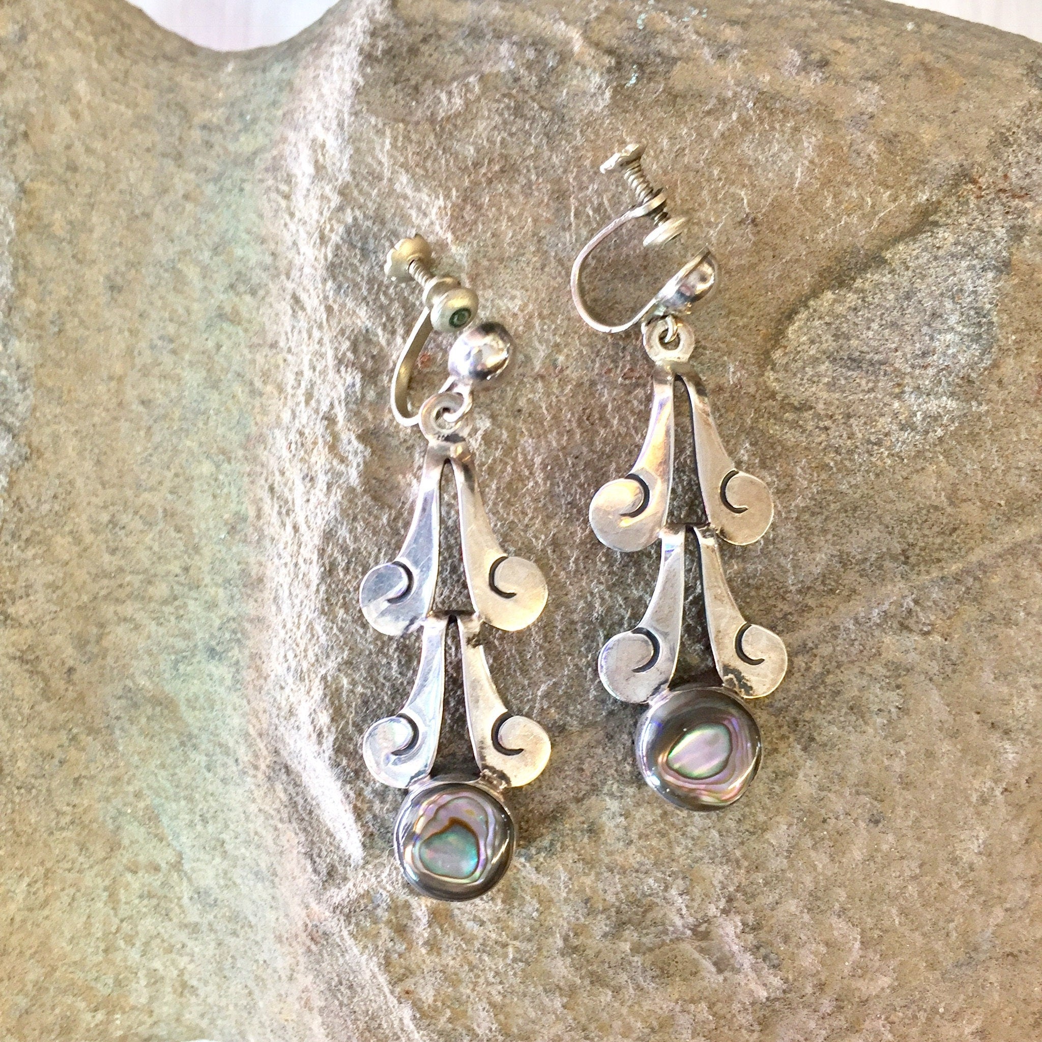 Vintage Silver Earrings, Screw Back Earrings, Abalone Earrings, Vintage Jewelry, Statement Jewelry, Sterling Silver, 925, Made in Mexico,