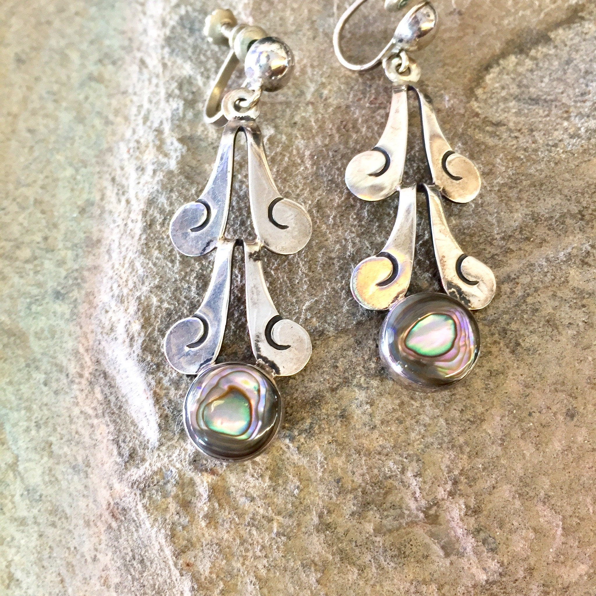 Vintage Silver Earrings, Screw Back Earrings, Abalone Earrings, Vintage Jewelry, Statement Jewelry, Sterling Silver, 925, Made in Mexico,