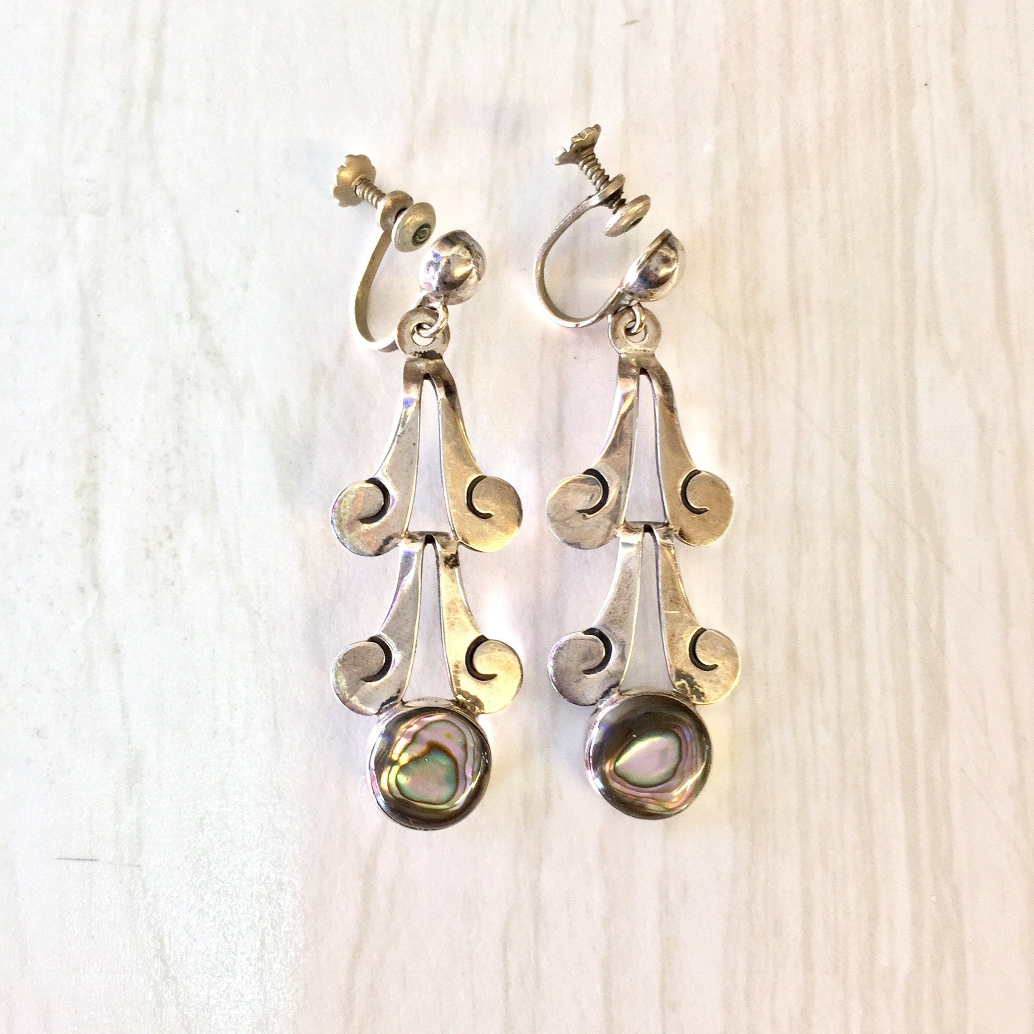 Vintage Silver Earrings, Screw Back Earrings, Abalone Earrings, Vintage Jewelry, Statement Jewelry, Sterling Silver, 925, Made in Mexico,