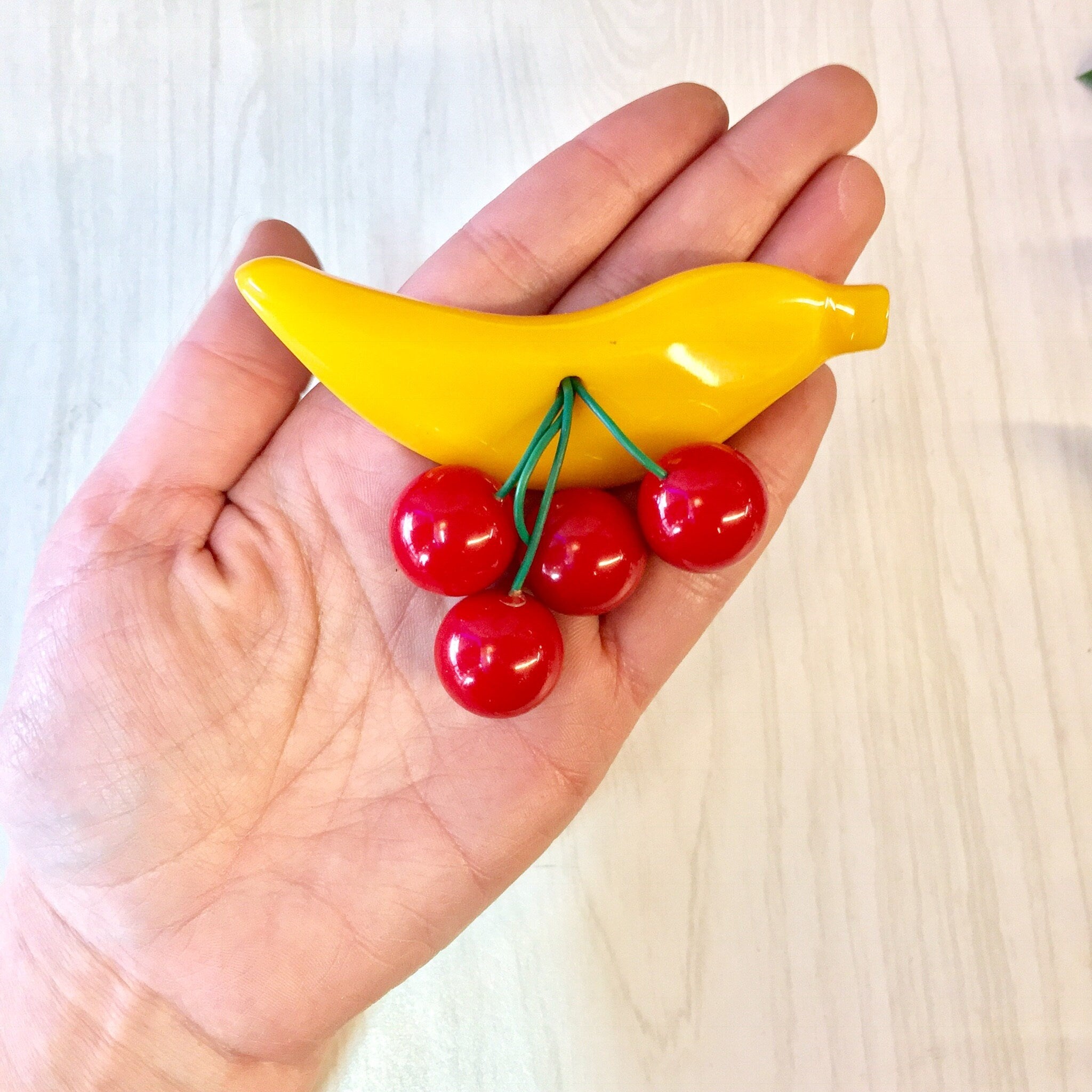 Shultz Bakelite Brooch, Shultz Bakelite, Bakelite Banana, Banana and Cherries, Yellow, Red, Rare Shultz Bakelite, Vintage Jewelry, Pin,