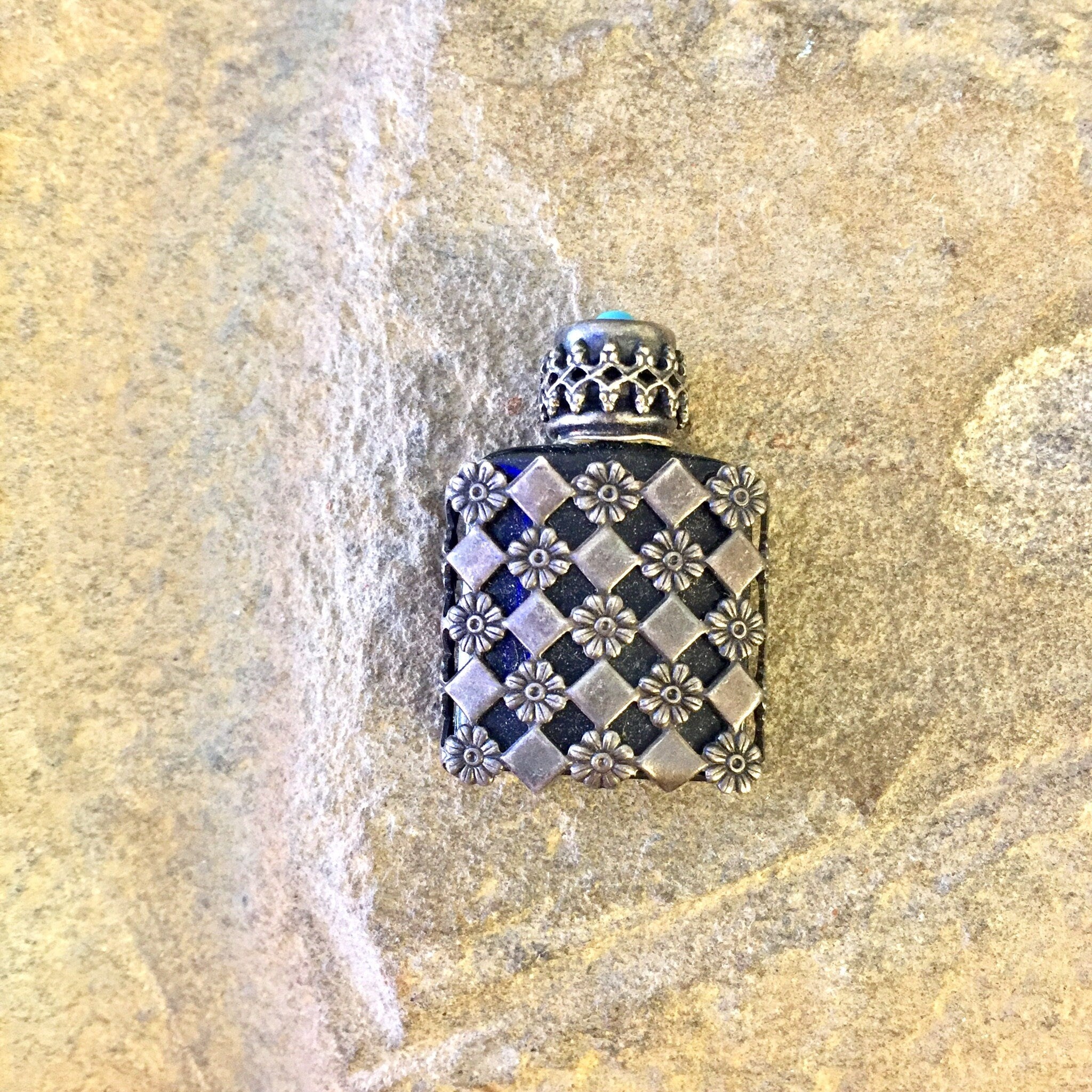 Vintage Perfume Bottle, Small Vintage Bottle, Sterling Silver Bottle, Vintage Bottle, Mini Bottle, Flowers, Turquoise, Silver and Glass