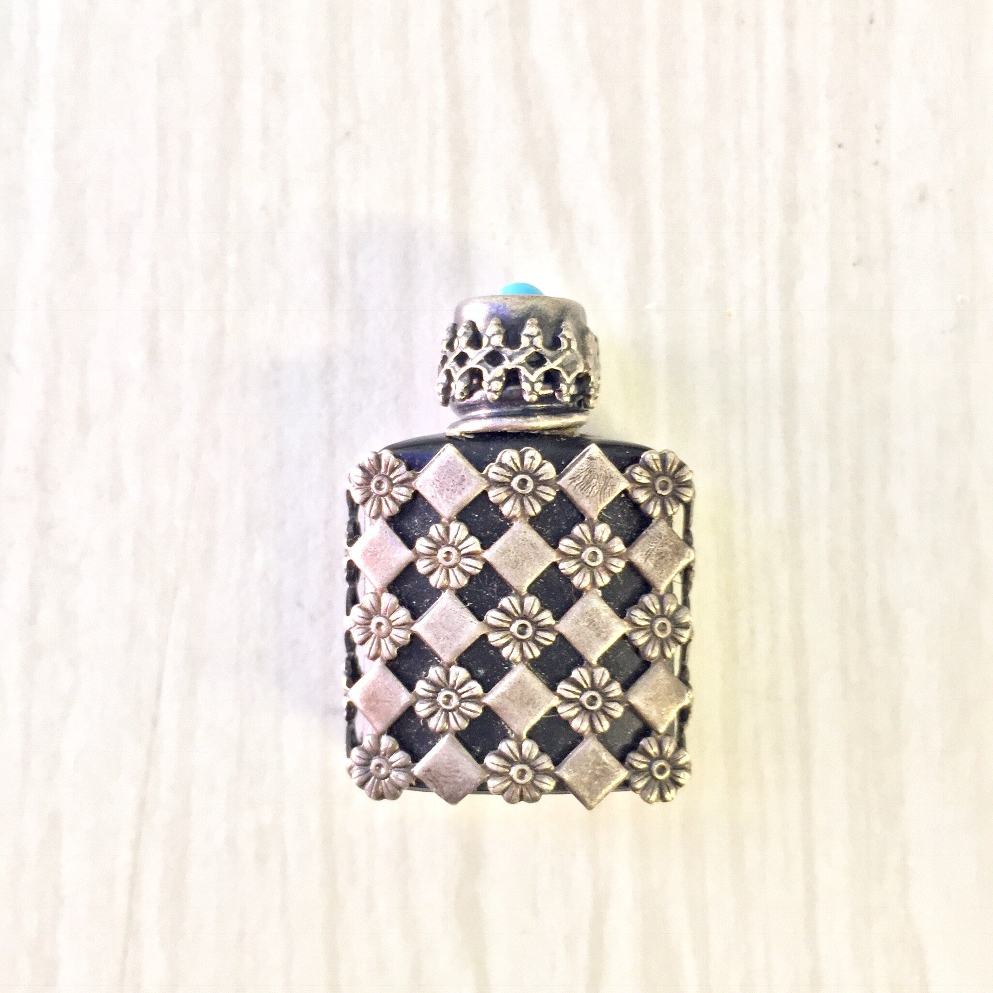 Vintage Perfume Bottle, Small Vintage Bottle, Sterling Silver Bottle, Vintage Bottle, Mini Bottle, Flowers, Turquoise, Silver and Glass