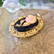 Vintage Cameo Pendant, Cameo Jewelry, Cameo Rose, Gold Toned Pendant, Rose Pendant, Avon Jewelry, Mirror Pendant, Gold, Black, Pink, Rose