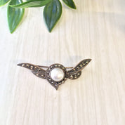 Vintage Silver Brooch, Sterling Silver, Vintage Jewelry, Vintage Pin, Marcasite Brooch, Pearl Jewelry, Winged Brooch, Wings, Faux Pearl,