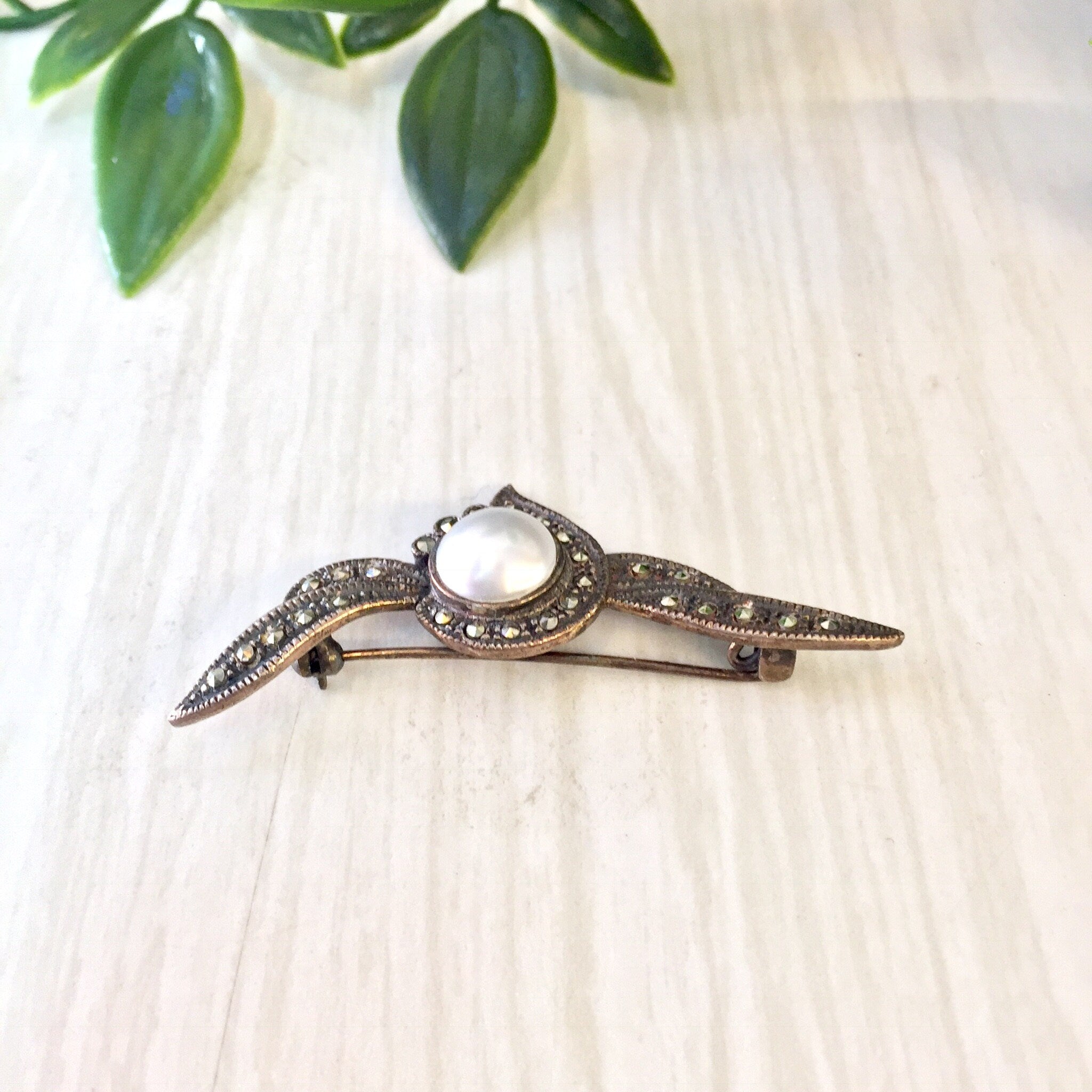 Vintage Silver Brooch, Sterling Silver, Vintage Jewelry, Vintage Pin, Marcasite Brooch, Pearl Jewelry, Winged Brooch, Wings, Faux Pearl,