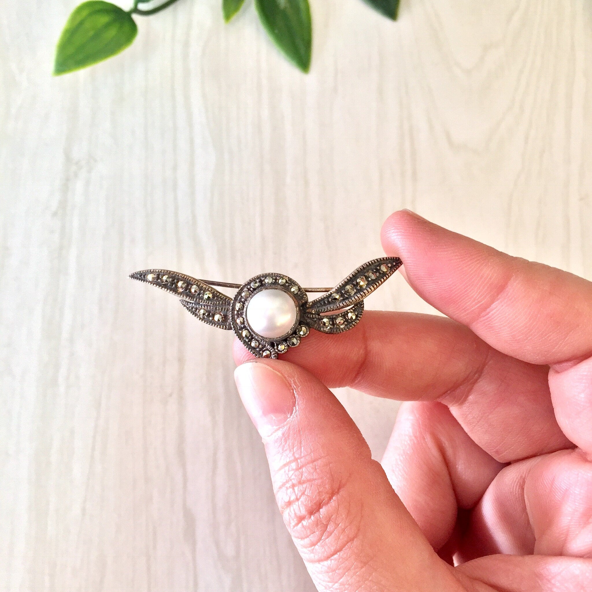Vintage Silver Brooch, Sterling Silver, Vintage Jewelry, Vintage Pin, Marcasite Brooch, Pearl Jewelry, Winged Brooch, Wings, Faux Pearl,