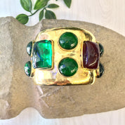 Vintage Cuff Bracelet, Beaded Cuff Bracelet, Gold Toned Bracelet, Large Bracelet, Beaded Jewelry, Vintage Jewelry, Gold, Red, Green, Cuff