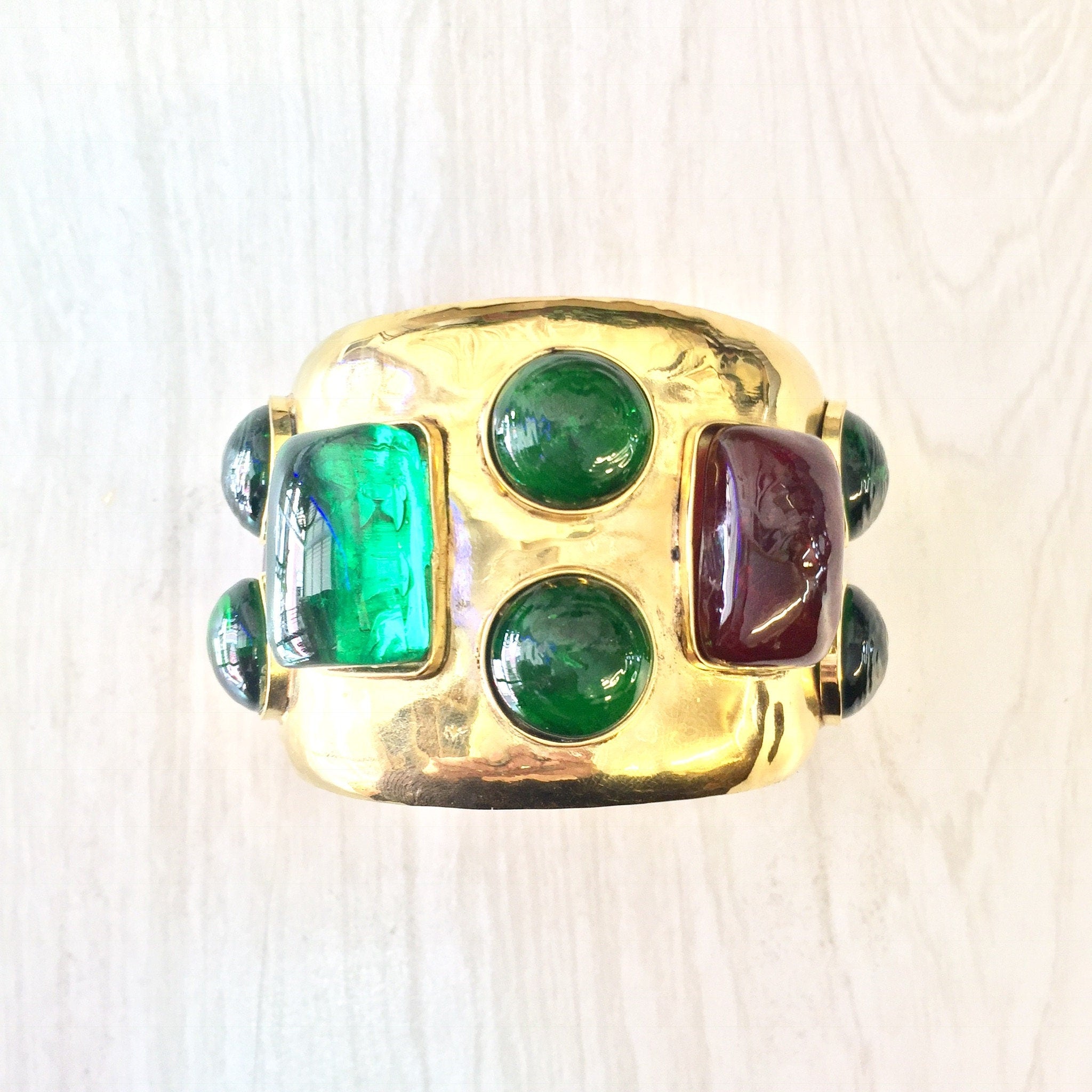Vintage Cuff Bracelet, Beaded Cuff Bracelet, Gold Toned Bracelet, Large Bracelet, Beaded Jewelry, Vintage Jewelry, Gold, Red, Green, Cuff