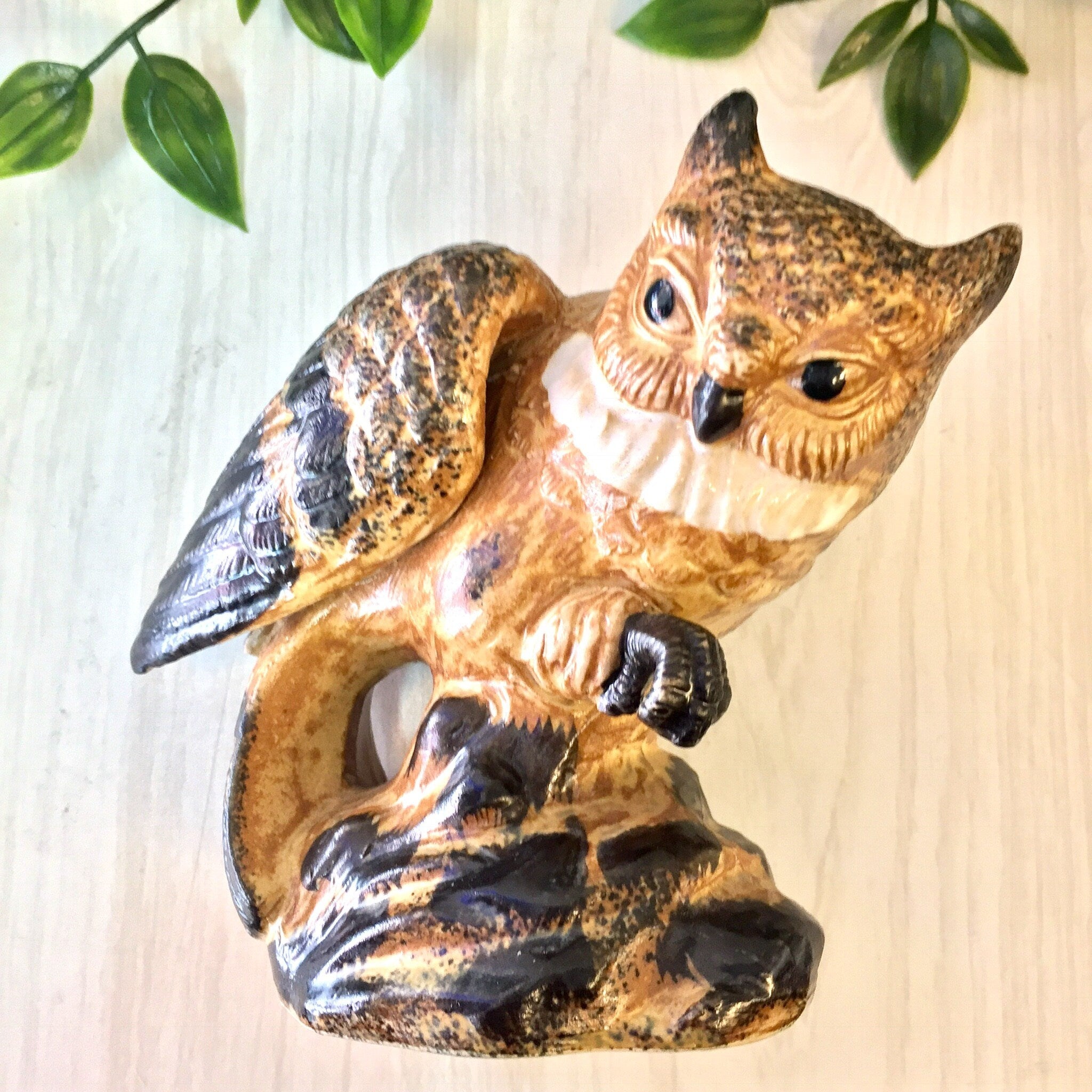 Vintage ceramic owl figurine statue with brown and black coloring, perfect for home decor, mantle piece, or Mother's Day gift.
