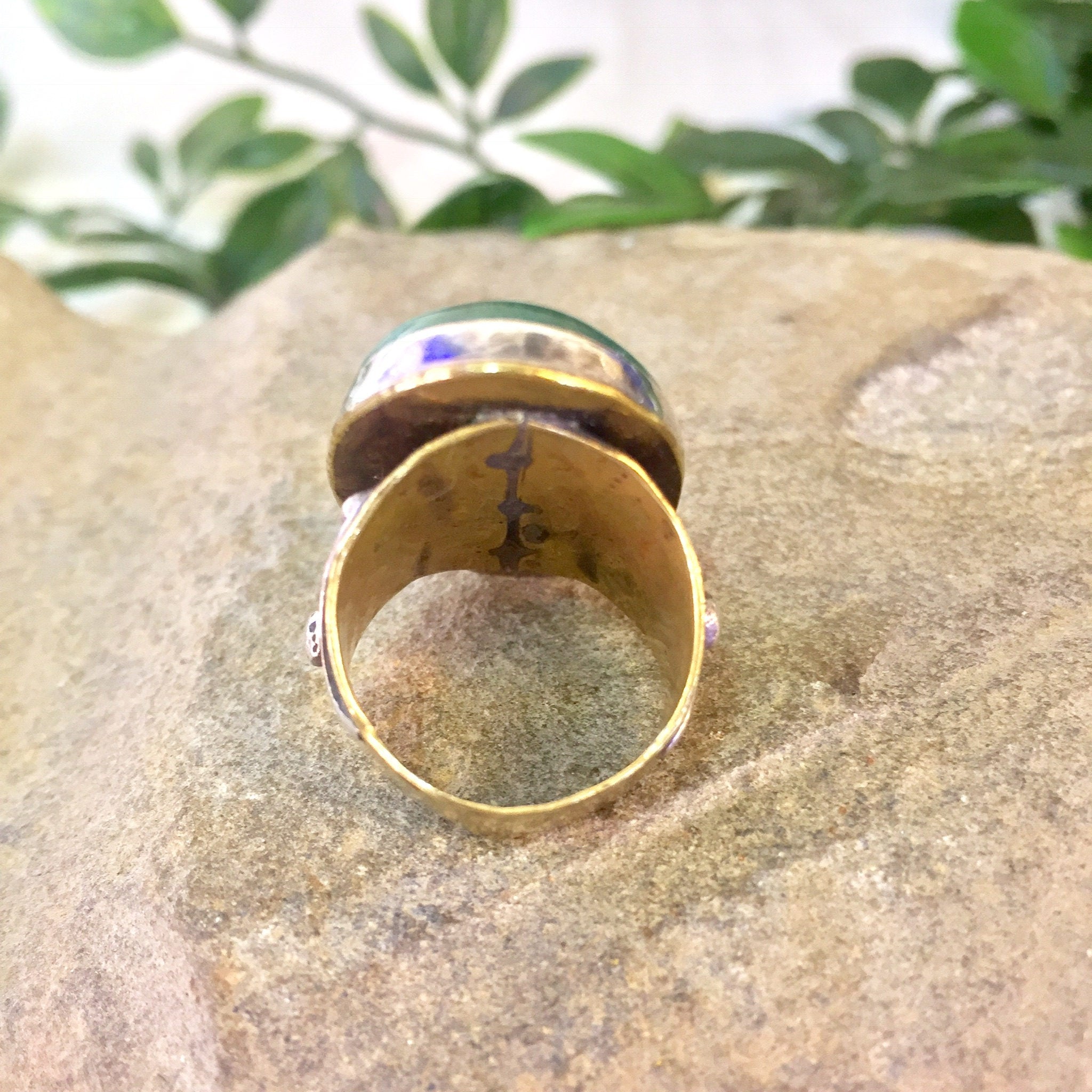 Vintage Brass Ring | Green Jasper | Sterling Silver | Vintage Jewelry | Statement Ring | Green Jewelry | Brass Jewelry | Vintage Silver