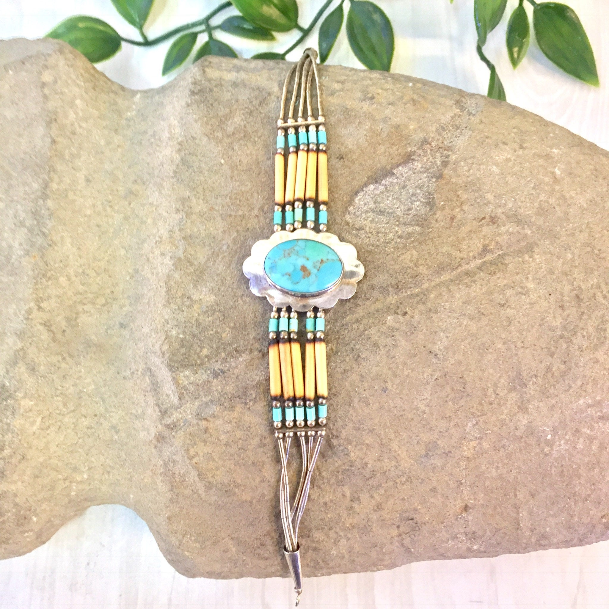 Vintage Beaded Bracelet | Turquoise Bracelet | Beaded Jewelry | Vintage Jewelry | Sterling Silver | Multi Strand | Turquoise | Flower | Gift