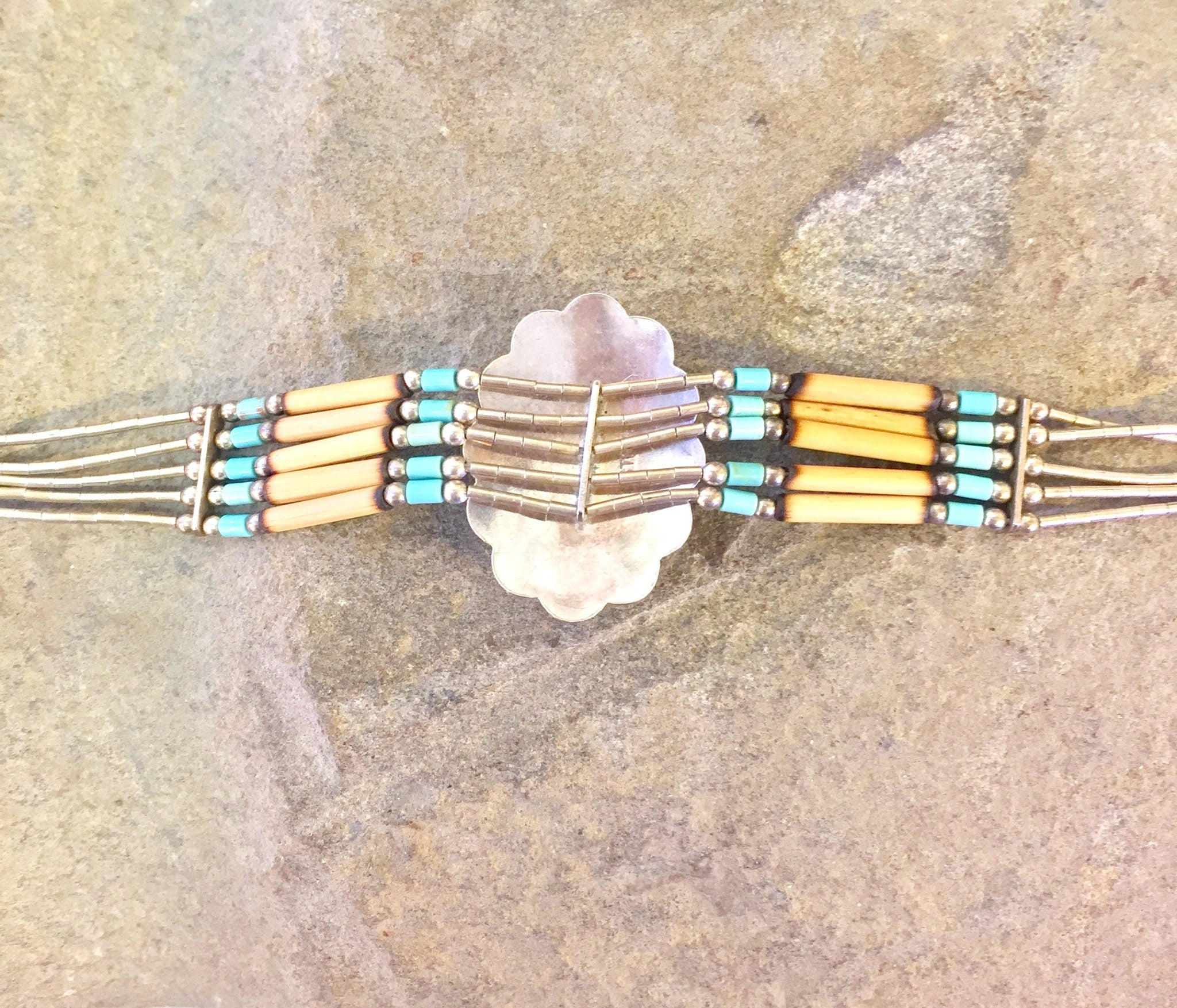 Vintage Beaded Bracelet | Turquoise Bracelet | Beaded Jewelry | Vintage Jewelry | Sterling Silver | Multi Strand | Turquoise | Flower | Gift