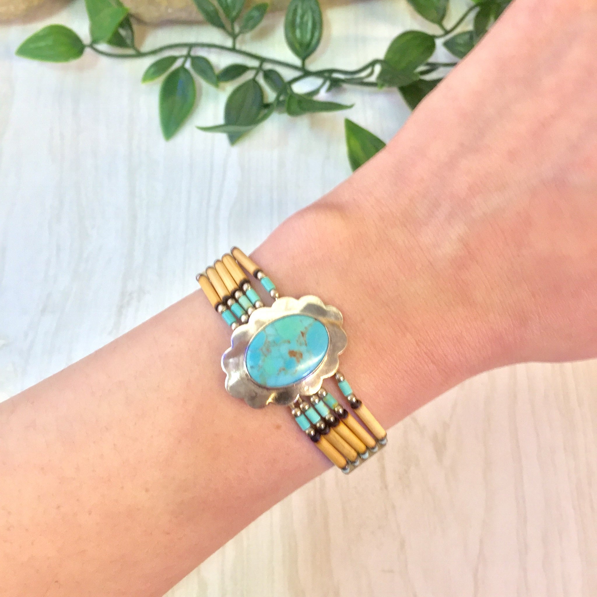 Vintage Beaded Bracelet | Turquoise Bracelet | Beaded Jewelry | Vintage Jewelry | Sterling Silver | Multi Strand | Turquoise | Flower | Gift