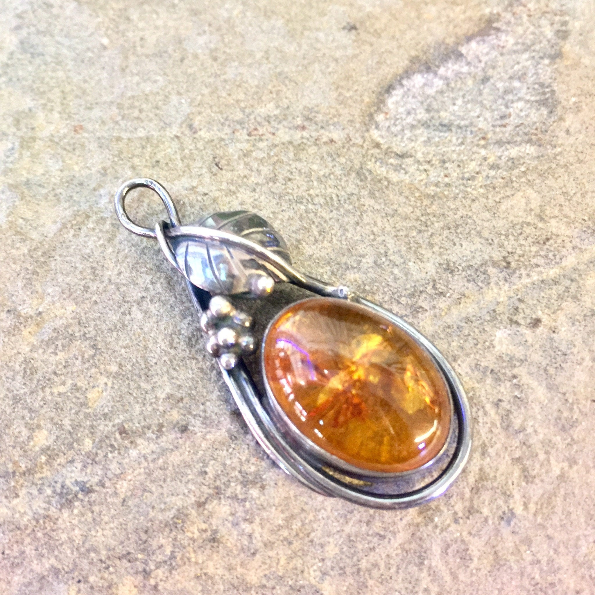 Vintage Silver Pendant | Vintage Jewelry | Amber Pendant | Sterling Silver | Amber Jewelry | Necklace | Pendant | Orange | Silver | Gift
