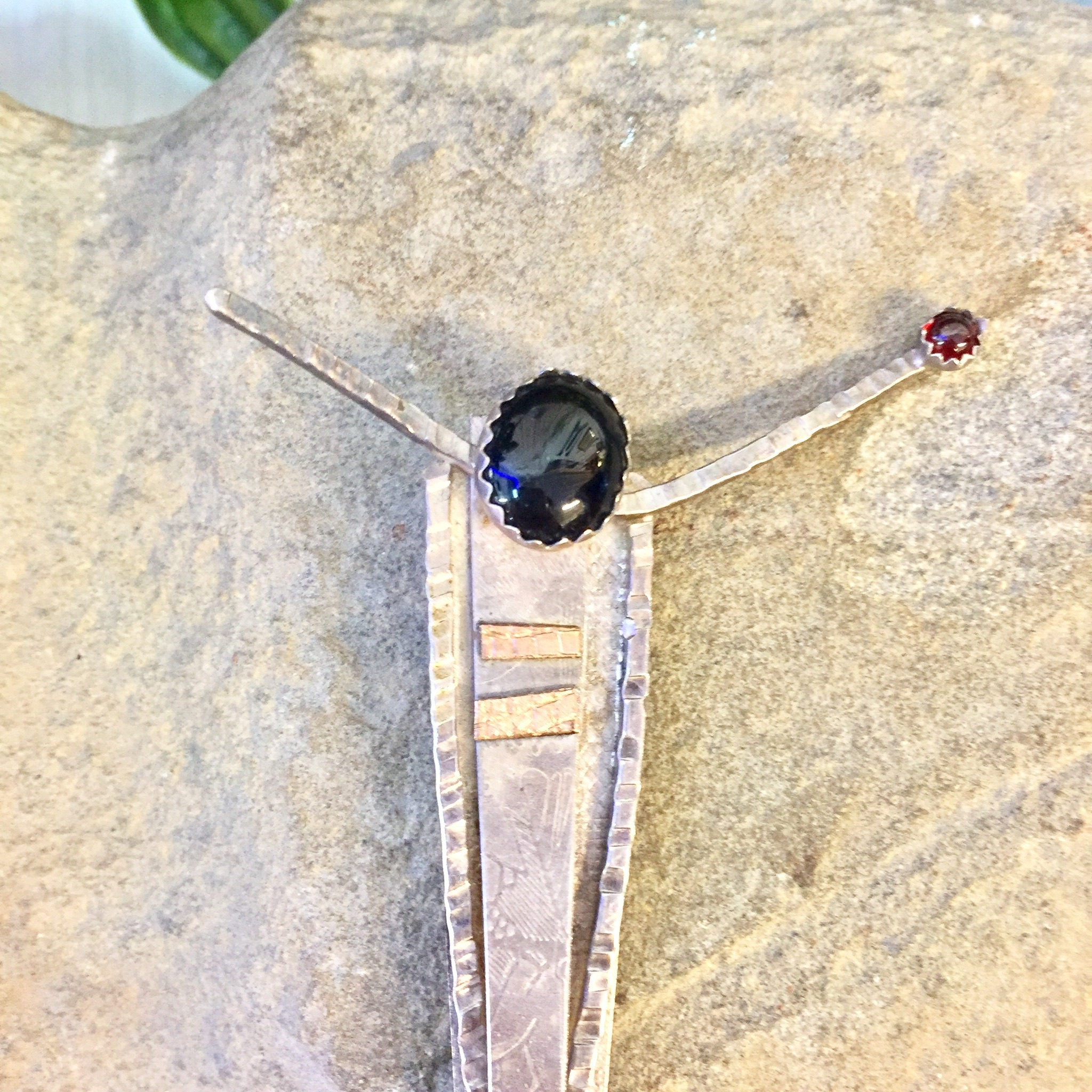 Vintage Silver Brooch | Abstract Jewelry | Vintage Jewelry | Sterling Silver | Black Onyx | Red Stone | Large Brooch | Pin | Texture | Gift