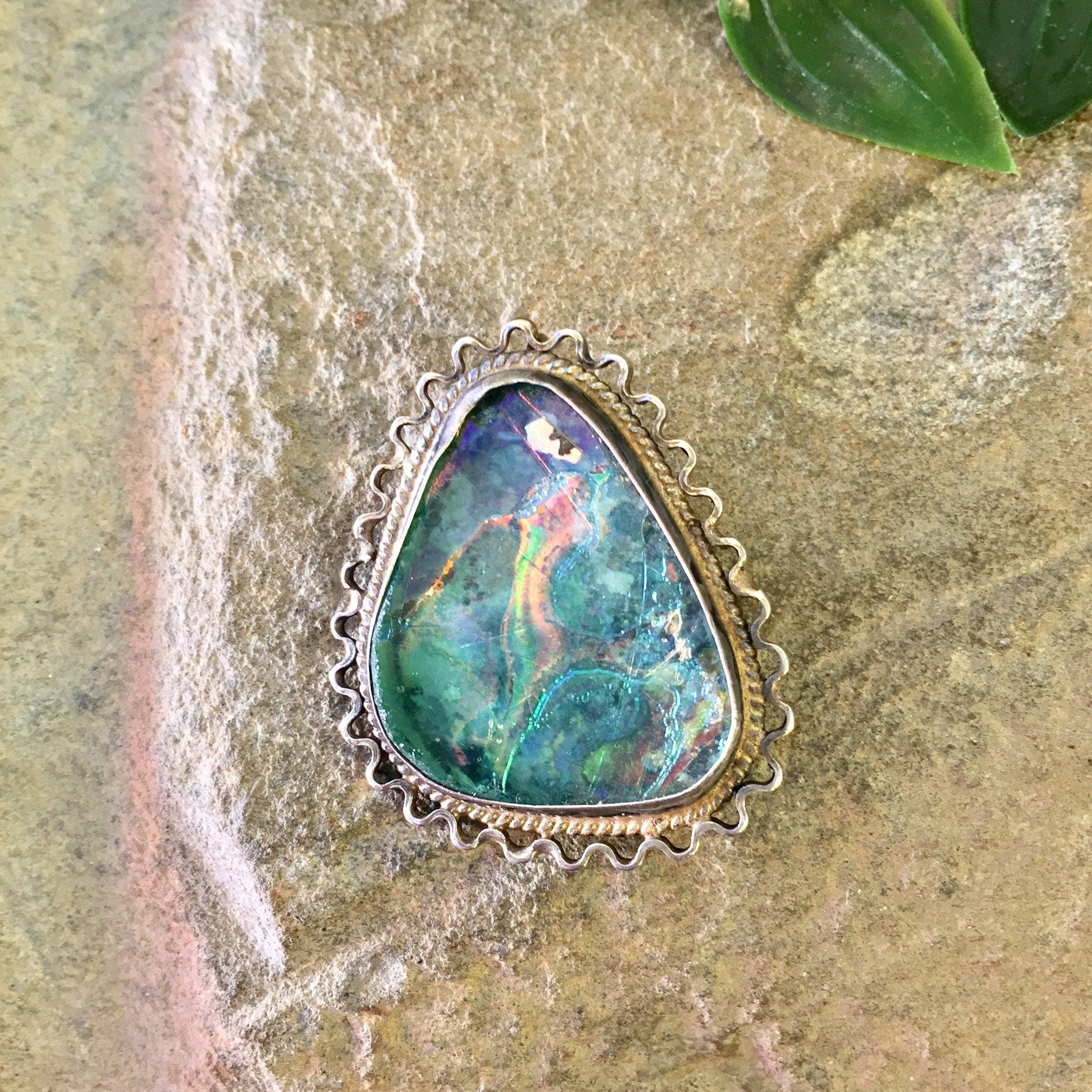Vintage Silver Pendant, Vintage Silver Brooch, Sterling Silver, Vintage Necklace, Iridescent Stone, Green, Blue, Vintage Pin,Vintage Jewelry