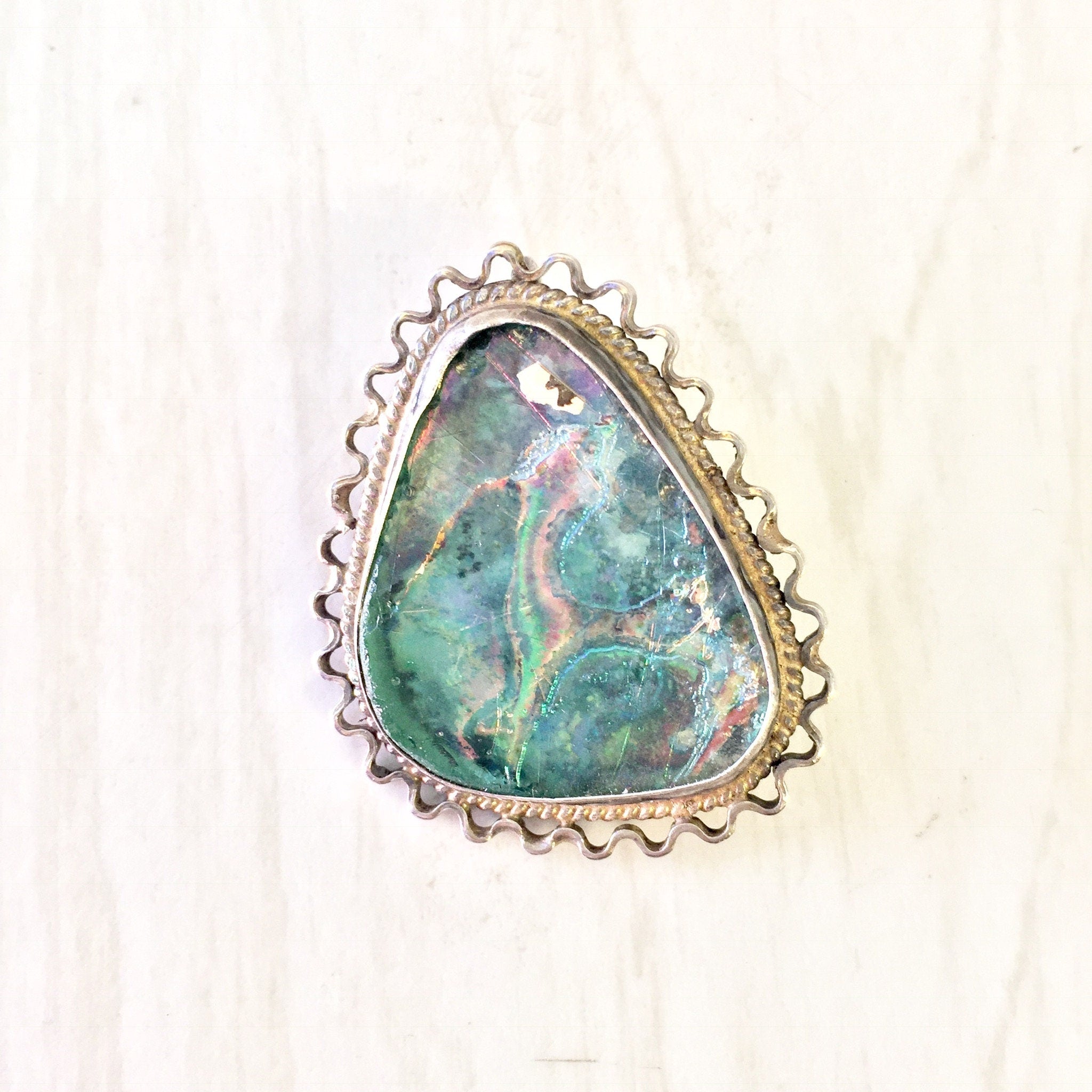 Vintage Silver Pendant, Vintage Silver Brooch, Sterling Silver, Vintage Necklace, Iridescent Stone, Green, Blue, Vintage Pin,Vintage Jewelry
