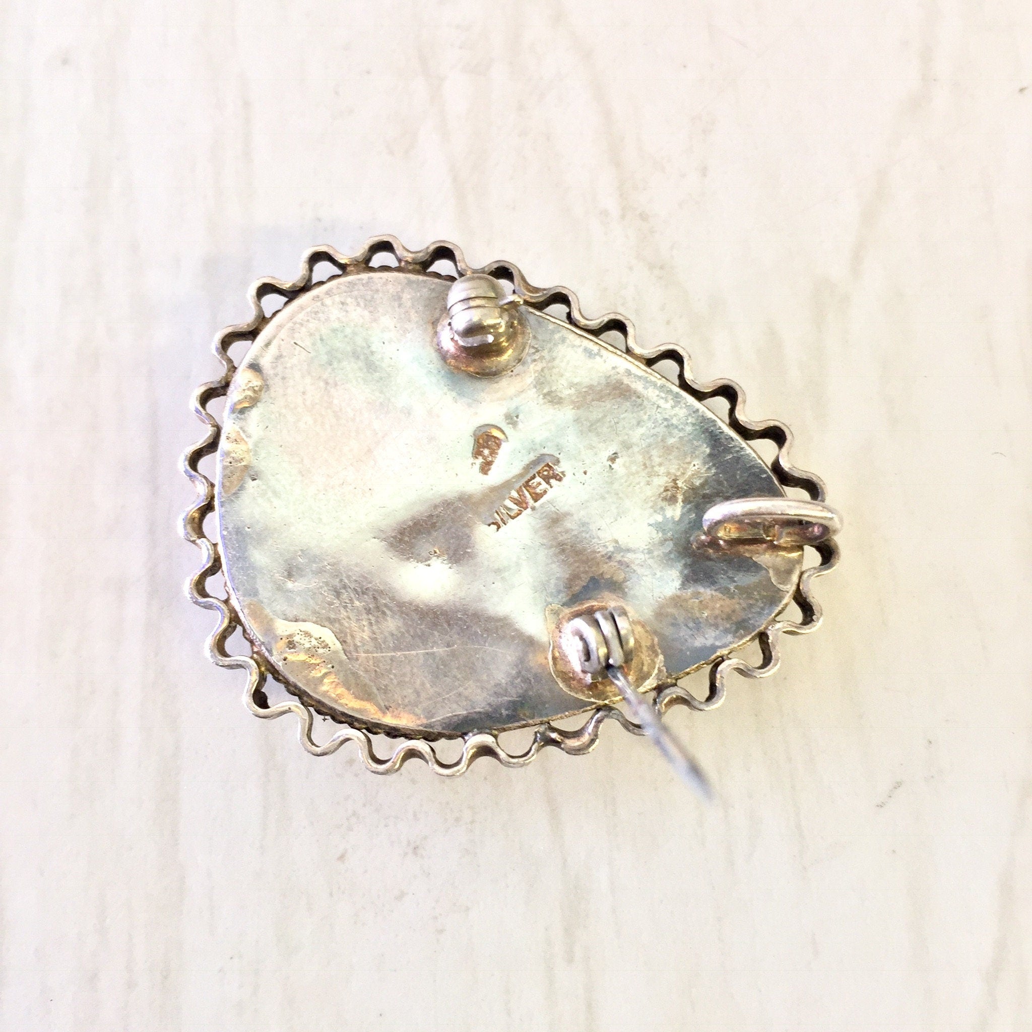 Vintage Silver Pendant, Vintage Silver Brooch, Sterling Silver, Vintage Necklace, Iridescent Stone, Green, Blue, Vintage Pin,Vintage Jewelry