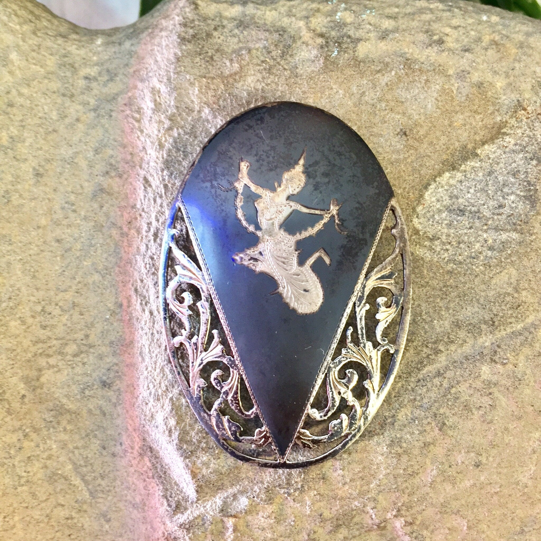 Siam Sterling Brooch, Vintage Brooch, Sterling Silver, Vintage Jewelry, Nielloware, Goddess of Lightening, Mekhala, Silver Brooch, Asian
