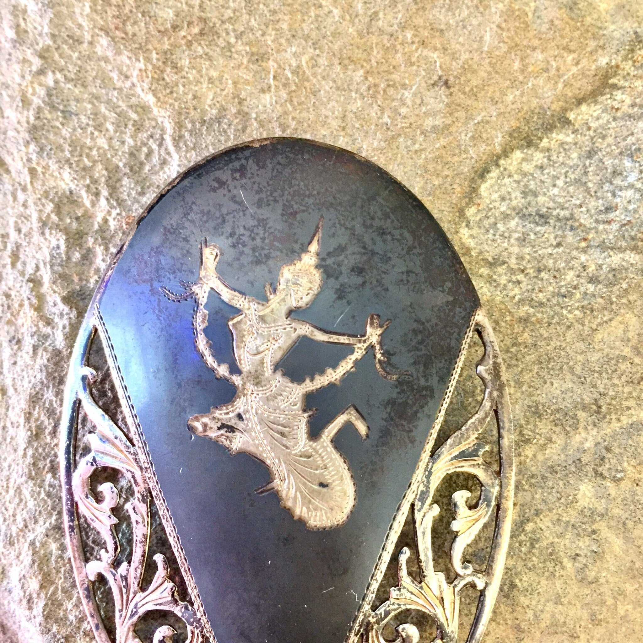Siam Sterling Brooch, Vintage Brooch, Sterling Silver, Vintage Jewelry, Nielloware, Goddess of Lightening, Mekhala, Silver Brooch, Asian