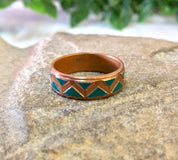Vintage Copper Ring, Vintage Jewlery, Blue Enamel, Tribal Design, Triangle Design, Zig Zag, Copper and Blue, Band Ring, Wedding Band,