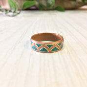 Vintage Copper Ring, Vintage Jewlery, Blue Enamel, Tribal Design, Triangle Design, Zig Zag, Copper and Blue, Band Ring, Wedding Band,
