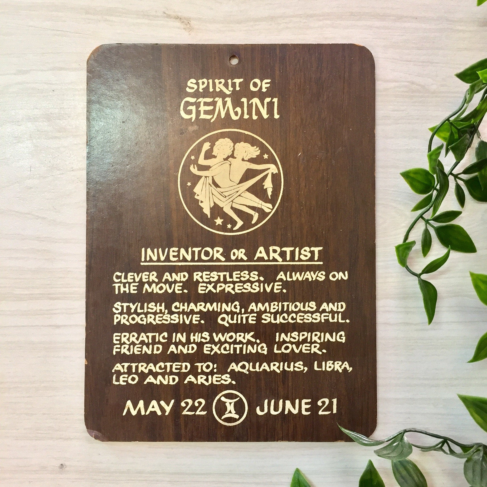 Vintage Gemini Plaque, Gemini, Astrology, Zodiac Signs, Wall Decor, Sign, Wall Hanging, Vintage Home Decor, Plaque, Particle Board
