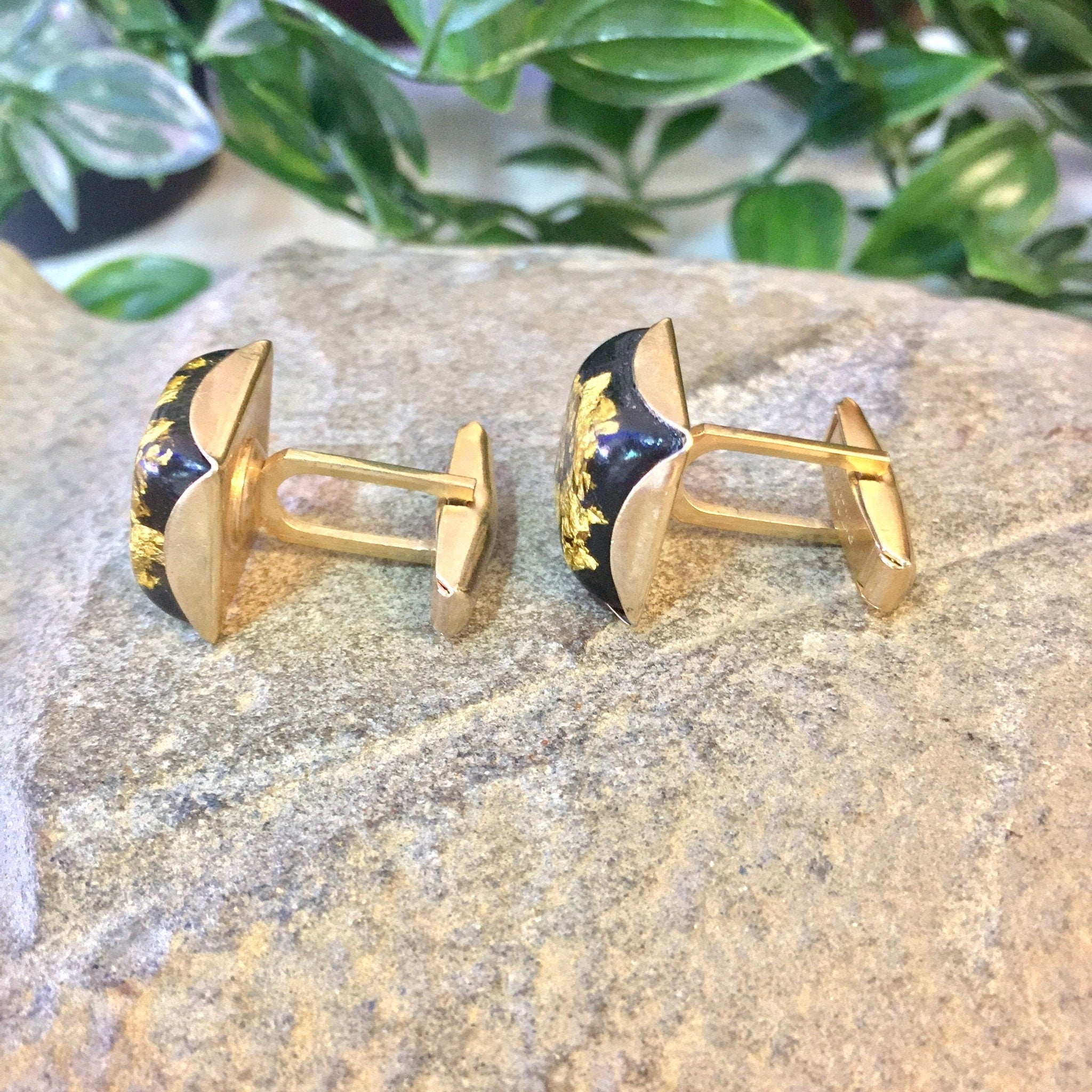 Vintage Cufflinks, Mensear, Suit Accessories, Gold Cufflinks, Black, Gold, Yellow, Gift for Dad, Groom, Groomsman, Square Cufflinks, Bubble