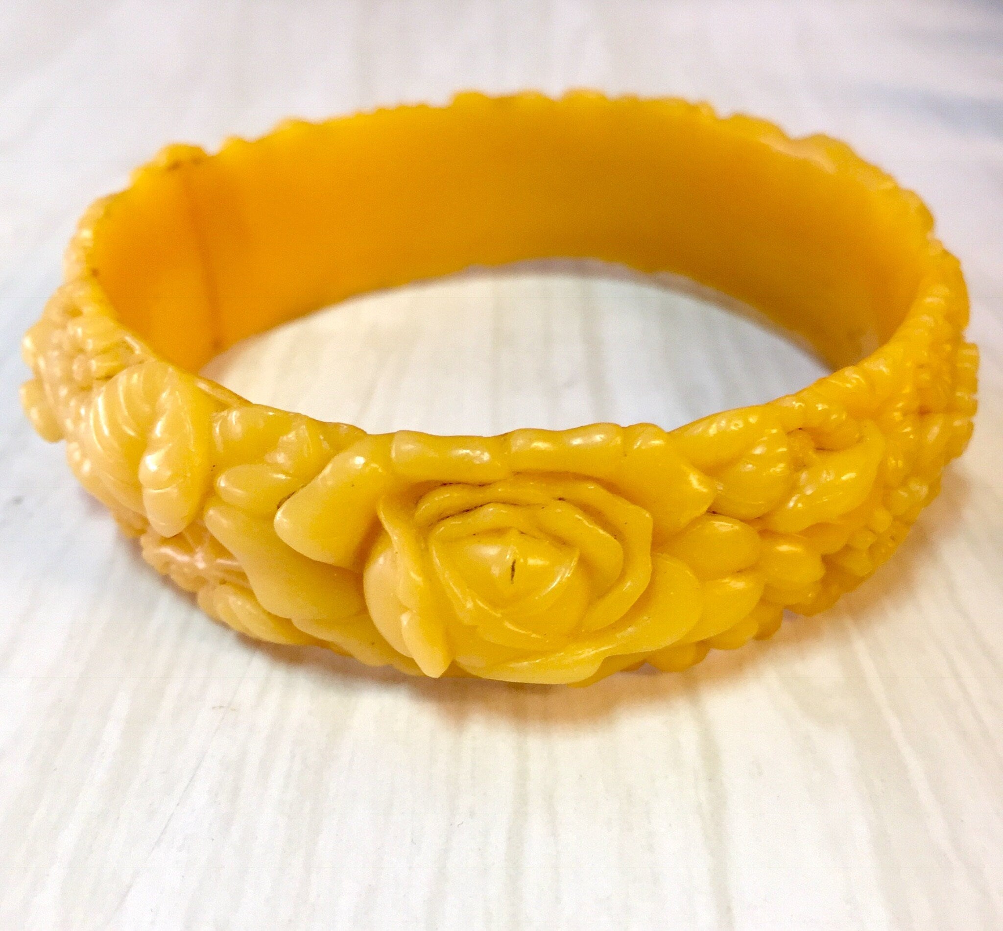 Vintage Celluloid Bracelet, Bangle Bracelet, Vintage Jewelry, Celluloid Jewelry, Floral Bracelet, Flowers, Carved Celluloid, Yellow Bracelet