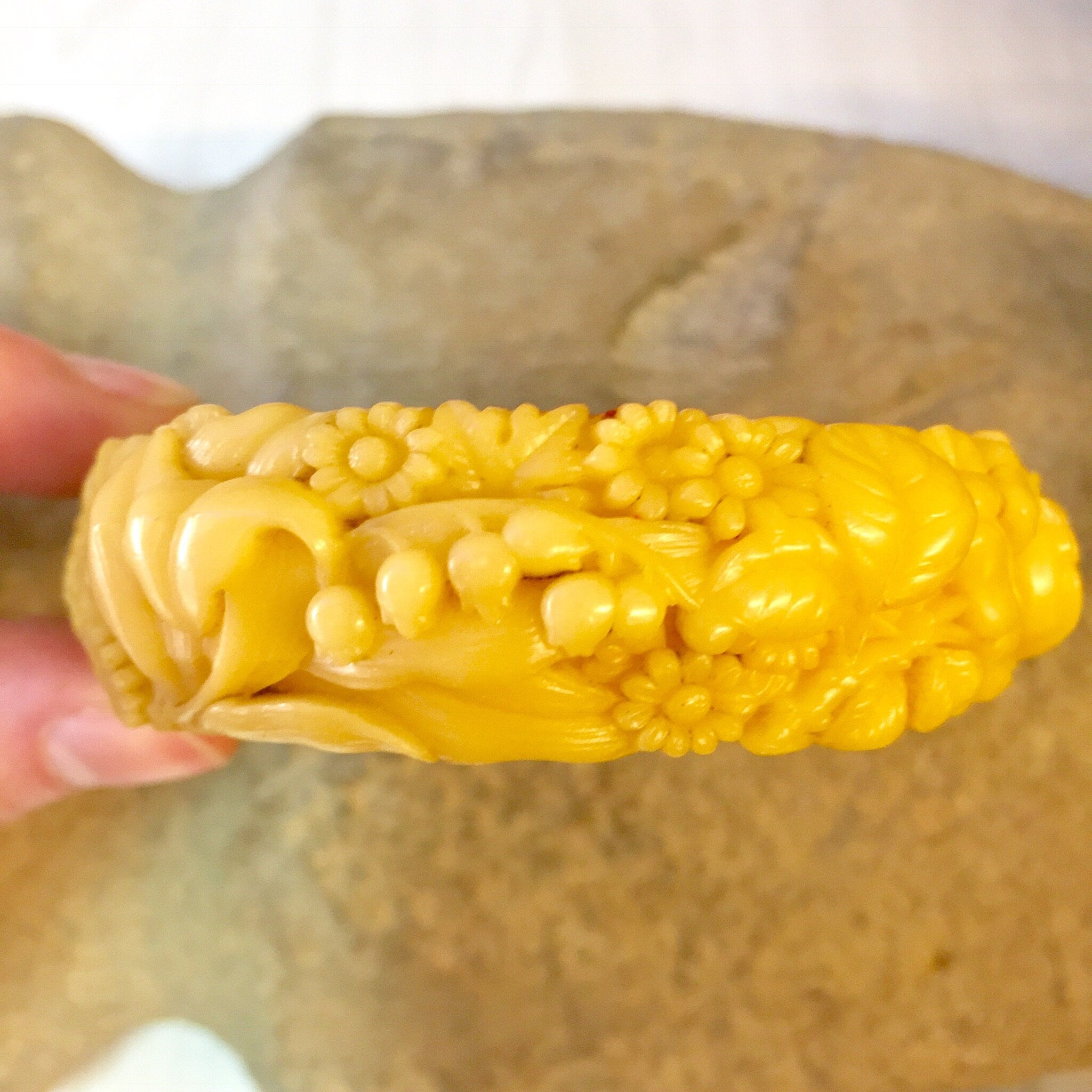 Vintage Celluloid Bracelet, Bangle Bracelet, Vintage Jewelry, Celluloid Jewelry, Floral Bracelet, Flowers, Carved Celluloid, Yellow Bracelet