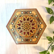Vintage Box, Jewelry Box, Vintage Home Decor, Keepsake Box, Decorative Box, Wooden Box, Inlaid Wood, Brown, Red, Green, Hexagon Box