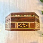 Vintage Box, Jewelry Box, Vintage Home Decor, Keepsake Box, Decorative Box, Wooden Box, Inlaid Wood, Brown, Red, Green, Hexagon Box