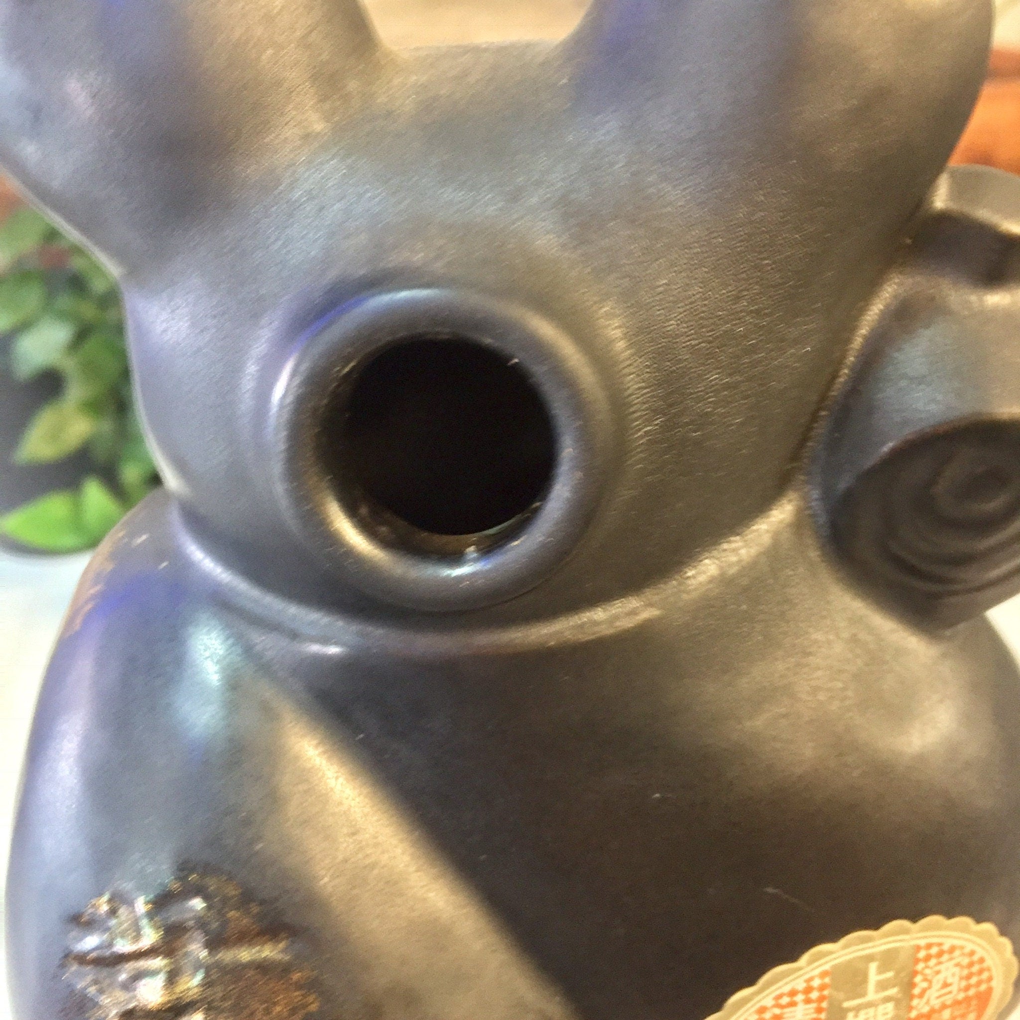 Large vintage black and gold animal-shaped sake bottle featuring a unique rat design, rare Asian home decor piece