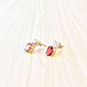 Vintage Gold Earrings, Vintage Jewelry, Garnet Earrings, Diamond Earrings, 14K Gold, 14 Karat, Yellow Gold, Oval Earrings, Gold Jewelry, Red