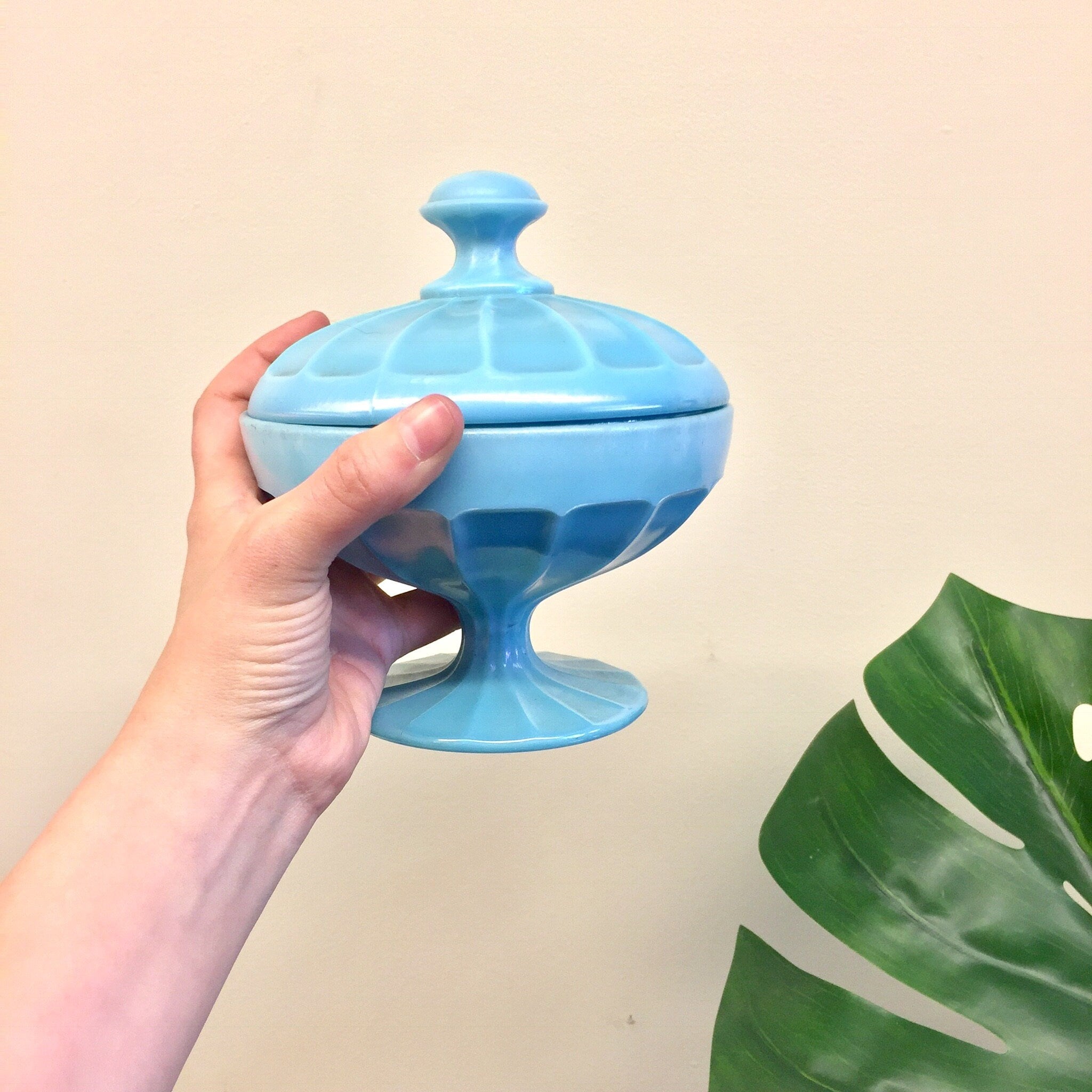 Vintage Blue Dish, Candy Dish, Compote Dish, Dish with Lid, Pearlescent Glass, Vintage Home Decor, Carnival Glass, Lidded Dish, Gift for Mom