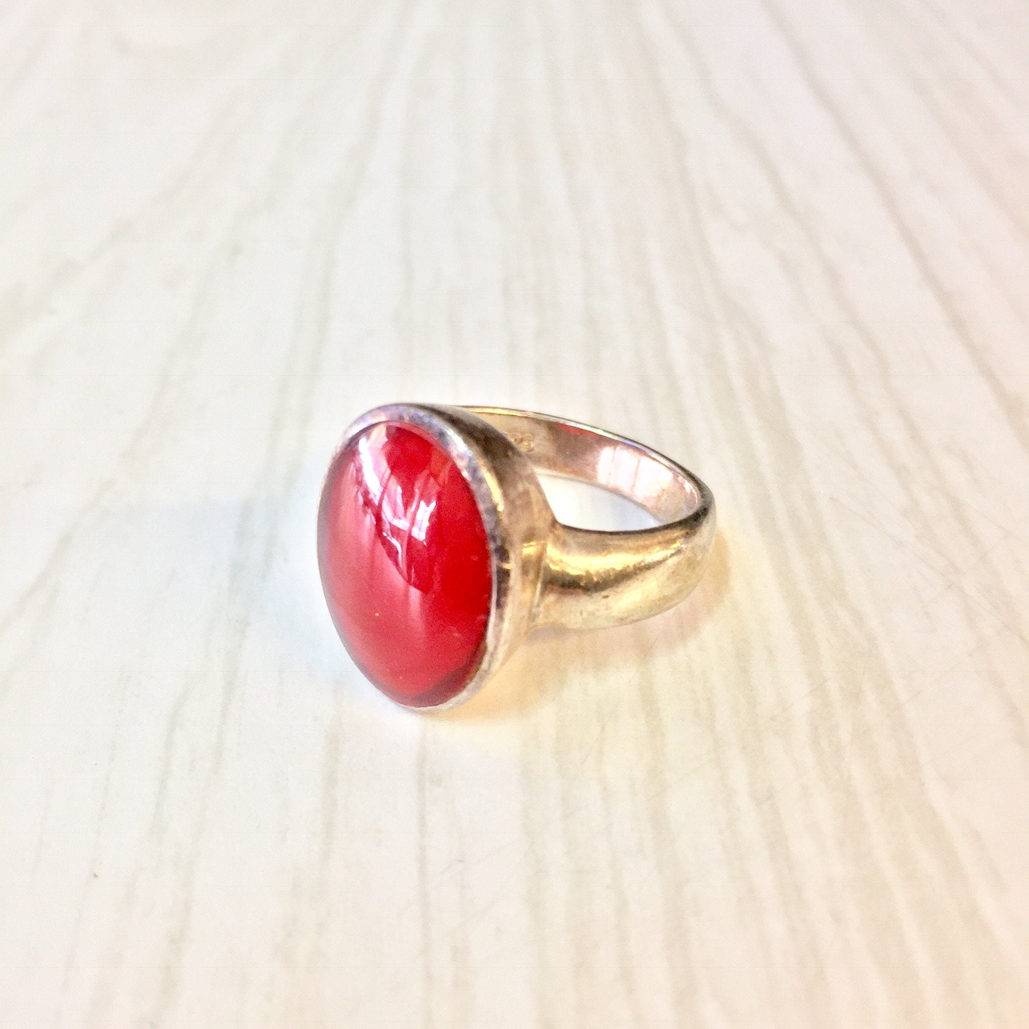 Vintage Silver Ring, Red Cabochon Stone, Sterling Silver, Red Stone, Red Jewelry, Oval Shaped Jewelry, Statement Jewelry, Red Enamel,