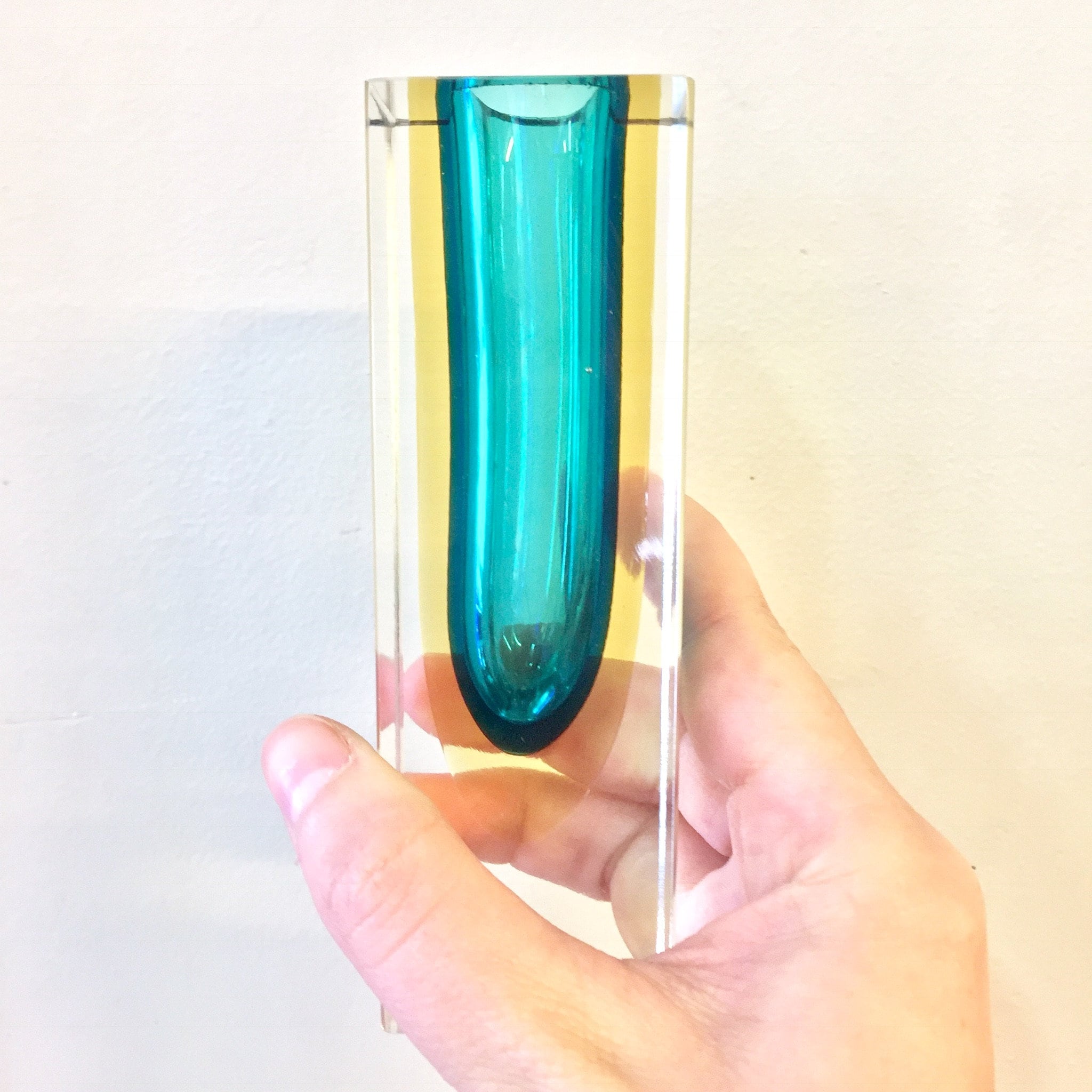 Vintage Candlestick Holder, Glass Candle Holder, Art Glass, Green, Yellow, Square, Rectangle, Vintage Home Decor, Candle Holder, Centerpiece