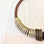 Vintage Choker, Leather Necklace, Vintage Jewelry, Brass, Coil Jewelry, Ethnic Jewelry, Statement Necklace, Mothers Day Gift