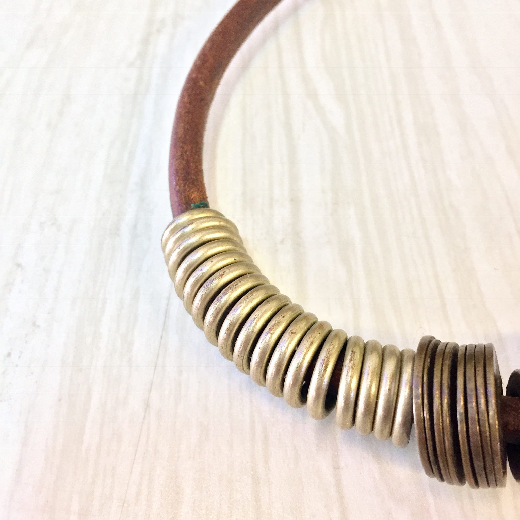 Vintage Choker, Leather Necklace, Vintage Jewelry, Brass, Coil Jewelry, Ethnic Jewelry, Statement Necklace, Mothers Day Gift