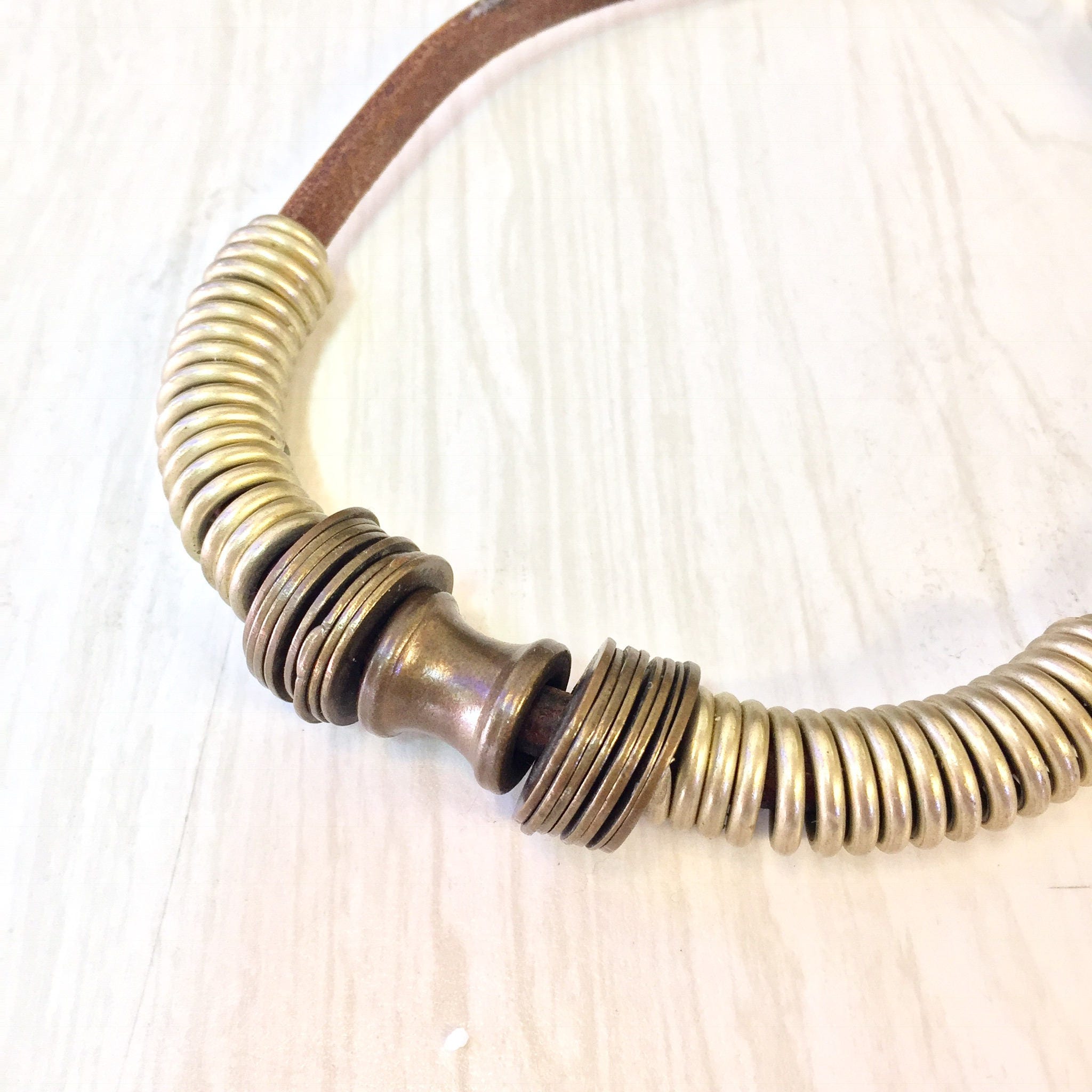 Vintage Choker, Leather Necklace, Vintage Jewelry, Brass, Coil Jewelry, Ethnic Jewelry, Statement Necklace, Mothers Day Gift